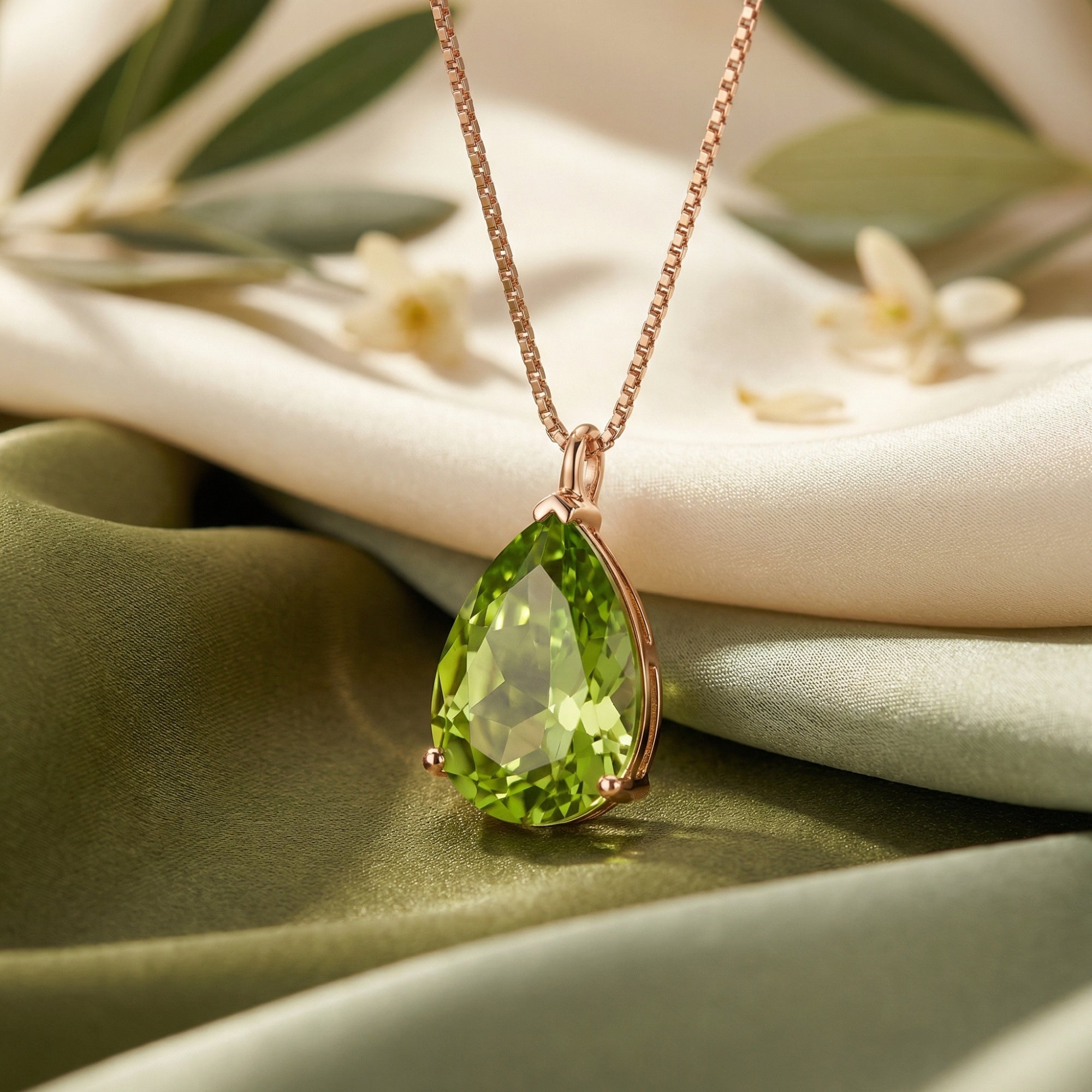 The Elyon pear-cut natural peridot pendant in 18K rose gold vermeil resting on elegant green and cream silk fabric.