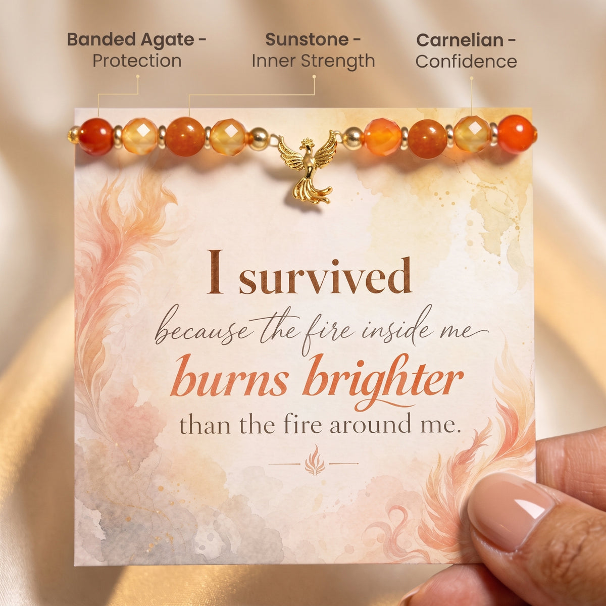 Phoenix bracelet and I survived message card, with warm gemstone beads and gold-tone phoenix charm