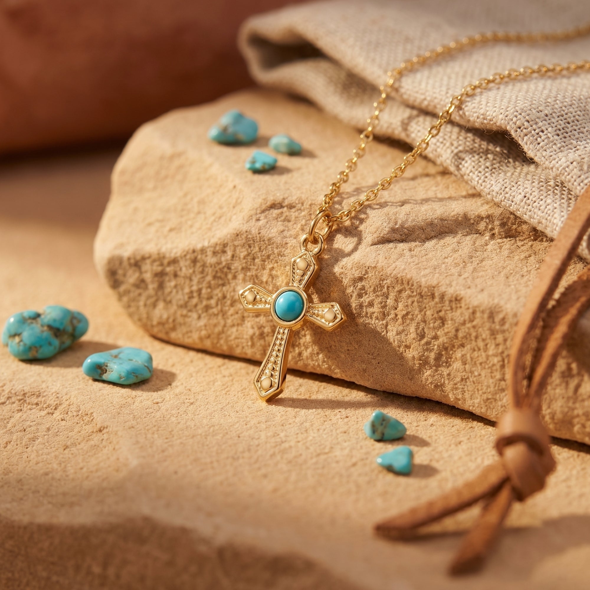 18K gold finish cross necklace with a round turquoise stone, styled on a desert rock in a lifestyle setting.