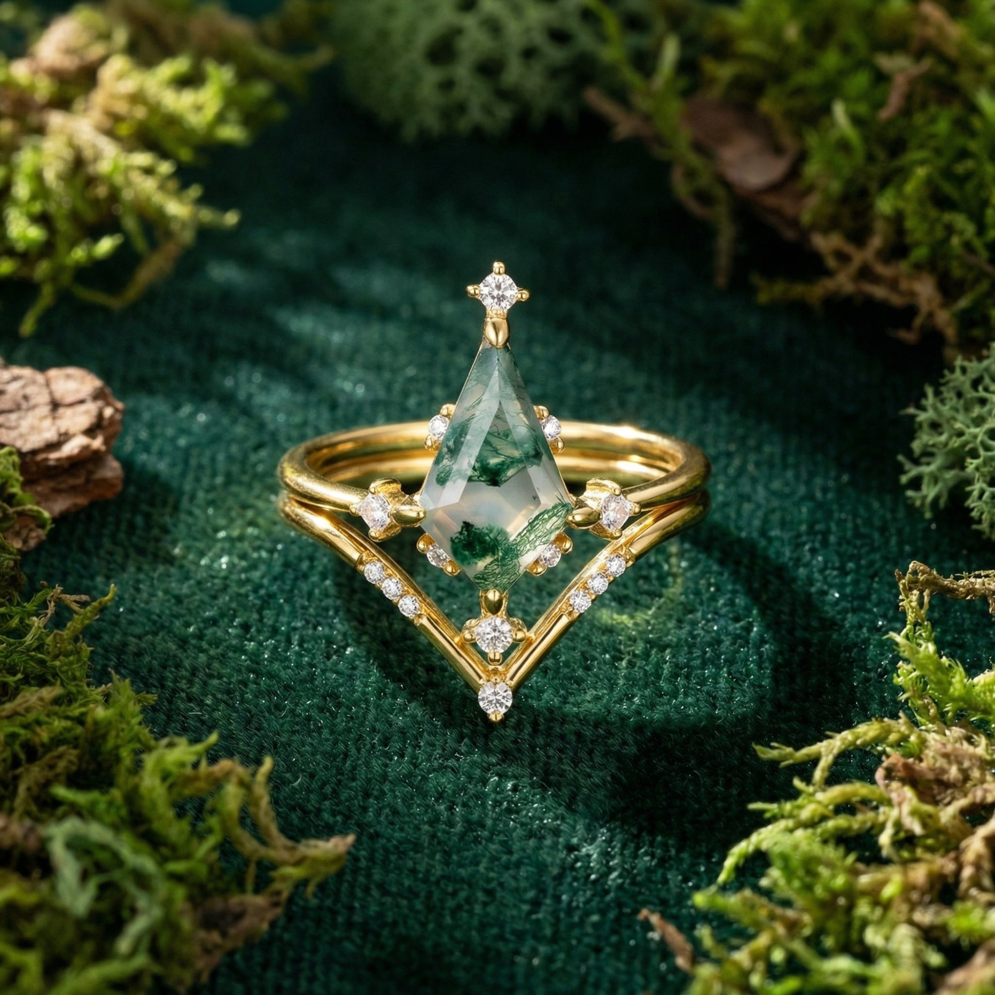 Kite Cut Natural Moss Agate Gold Ring Set - S925 Sterling Silver