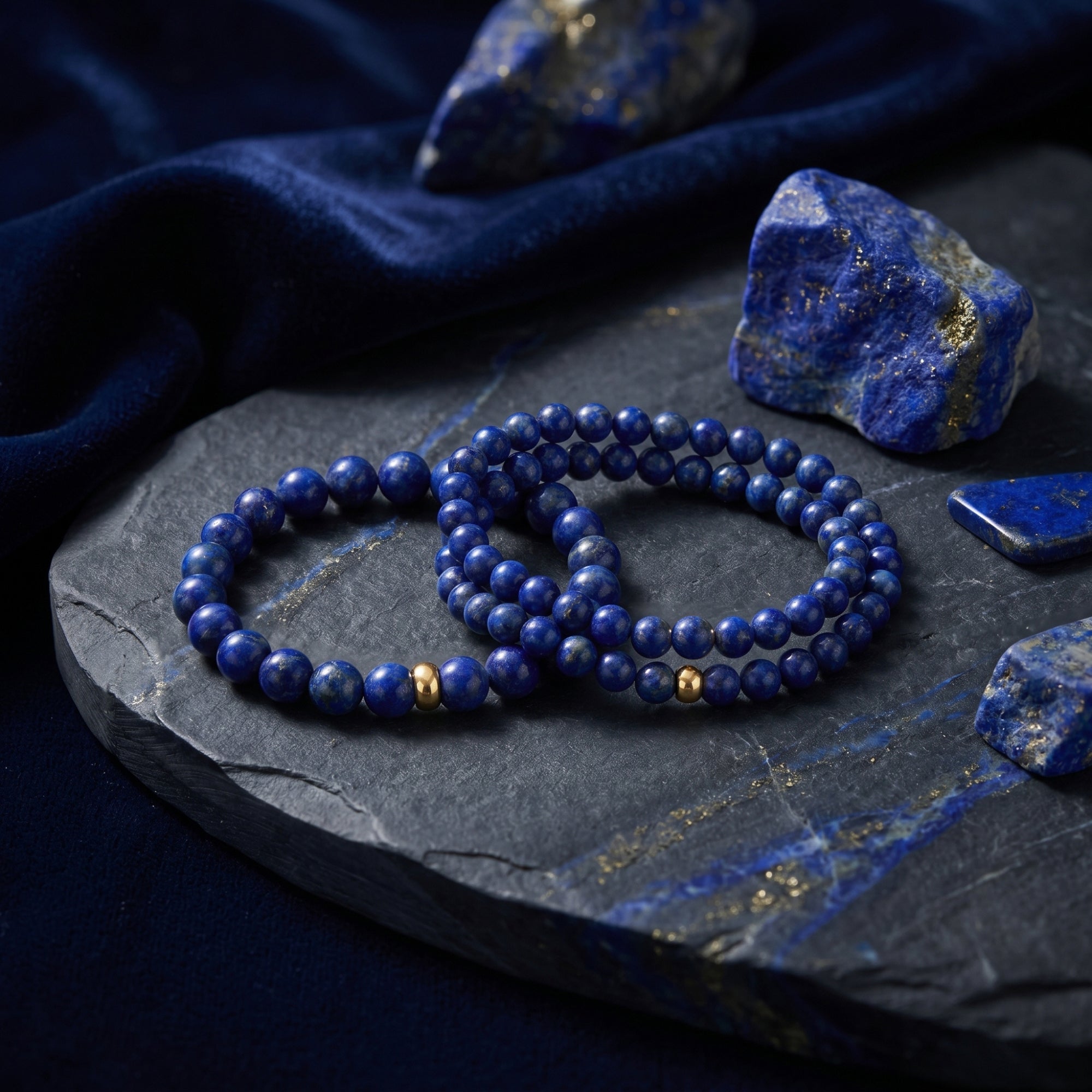Three natural lapis lazuli beaded bracelets with gold spacers styled on a dark stone slab with raw lapis rocks.