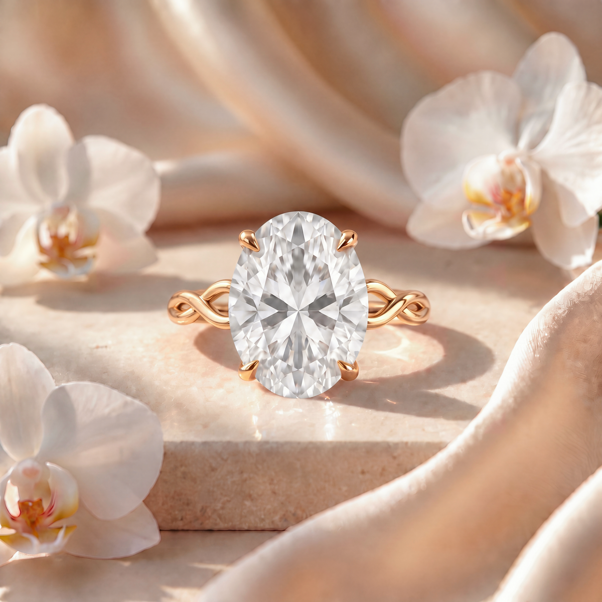 Front view of an oval moissanite engagement ring with a twisted gold band.
