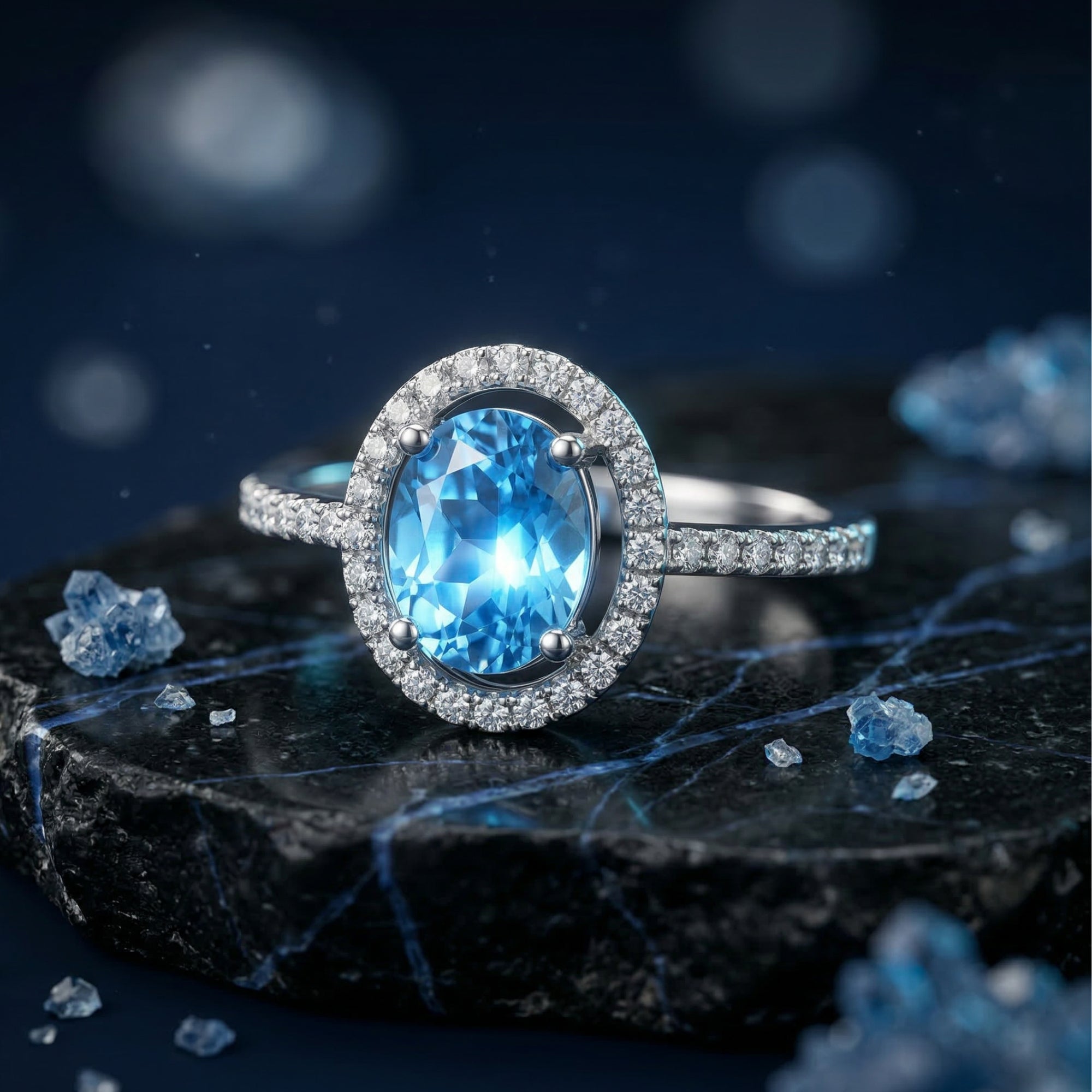 Oval cut Swiss blue topaz ring in sterling silver halo setting, displayed on a dark textured rock with blue crystals.