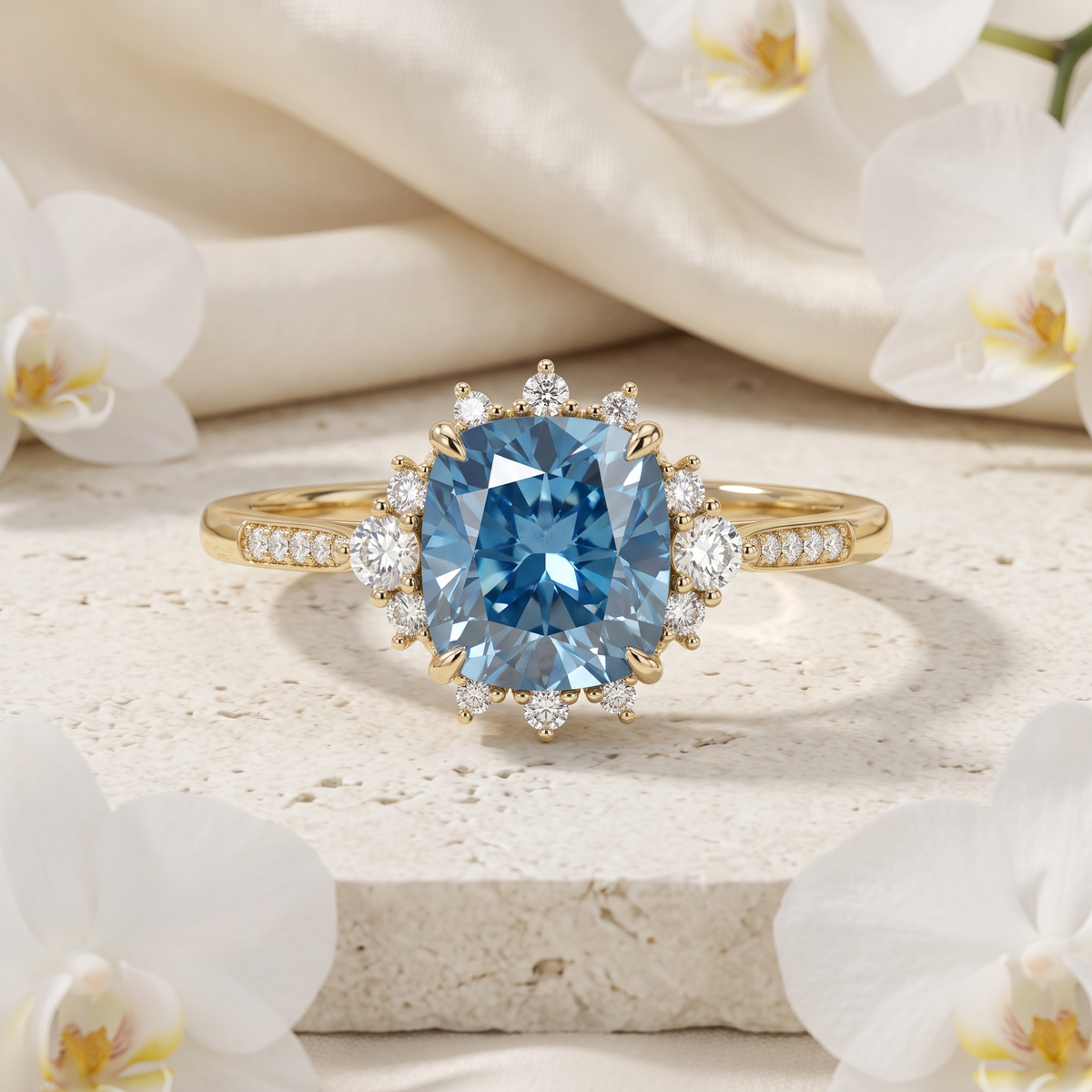 Front view of a yellow gold cushion-cut blue moissanite ring with a diamond halo on a stone surface.