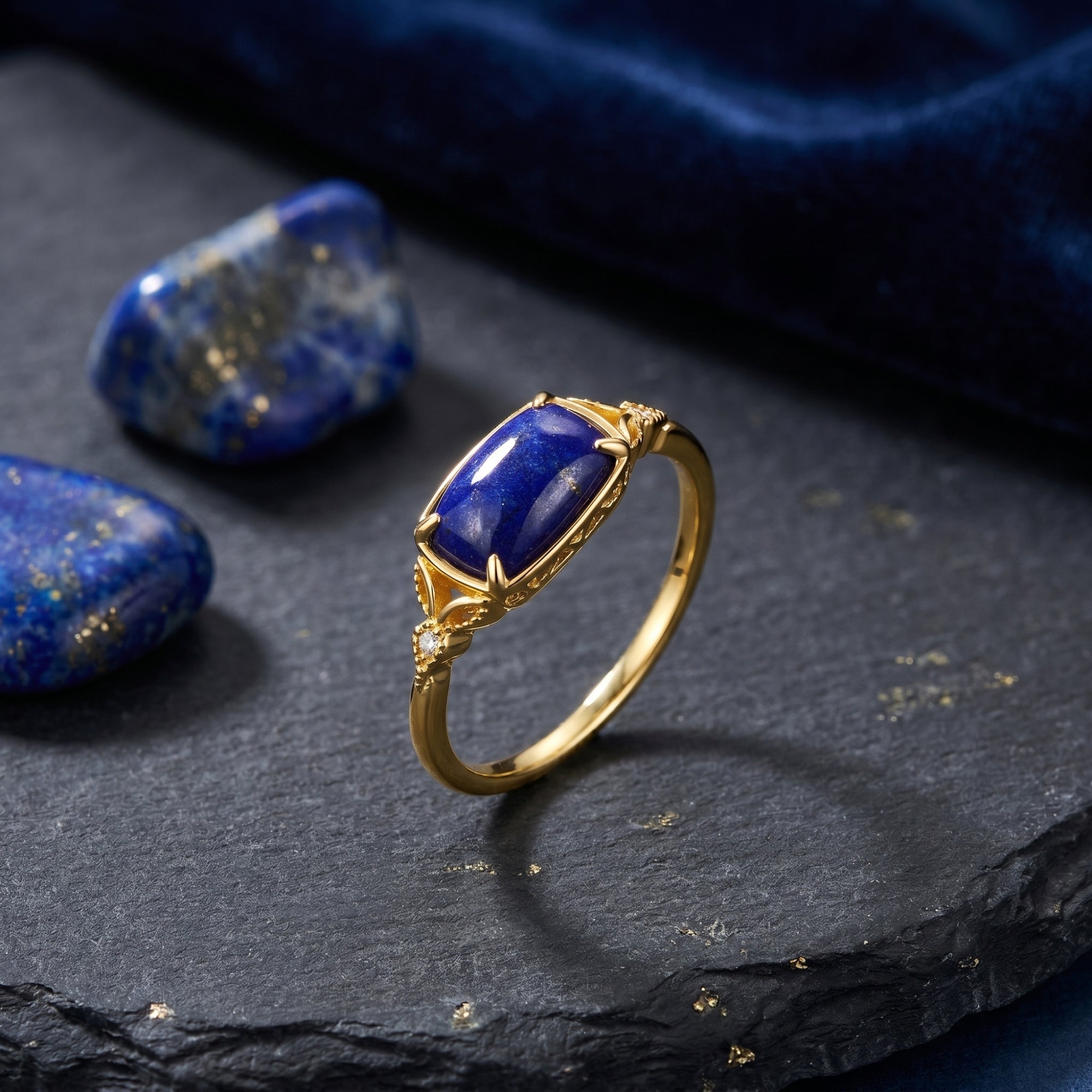 Yellow gold Alexandria signet ring with a rectangular natural lapis lazuli stone on a dark slate lifestyle background.