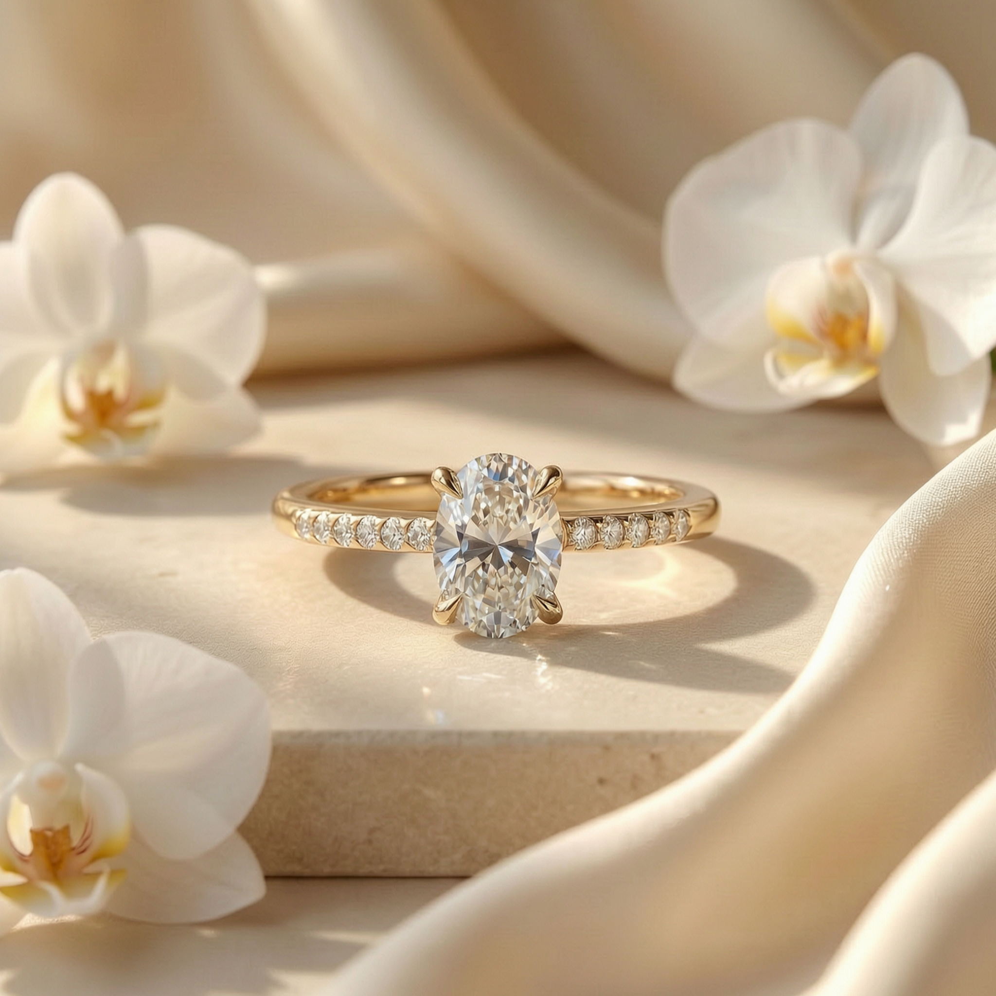 An oval-cut moissanite engagement ring on a gold band with pavé diamonds, styled elegantly on a silk background with white orchids.