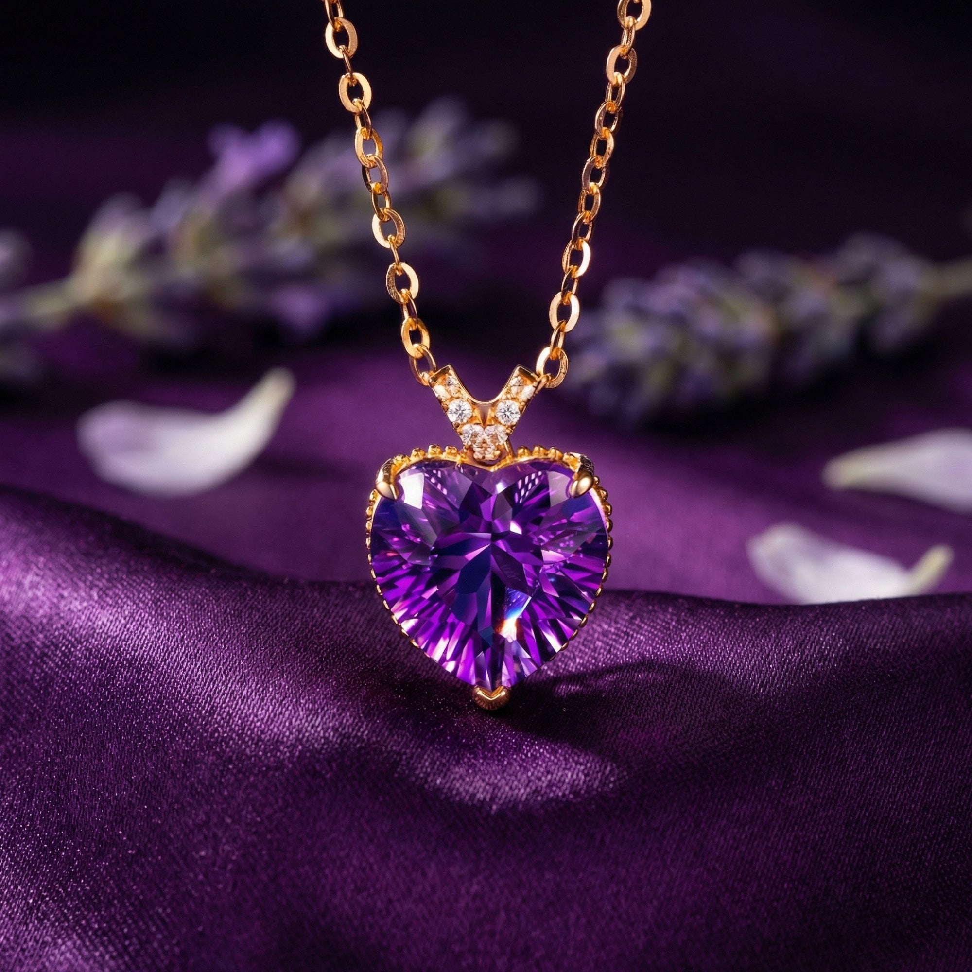 Heart-cut natural amethyst necklace in 18K rose gold on a purple silk background with lavender.