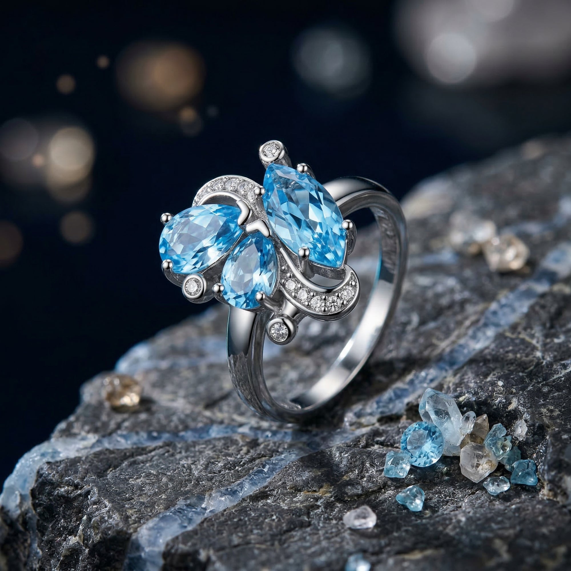 Silver Mariposa ring with pear and marquise cut Swiss Blue topaz displayed on a dark rock with loose gems.