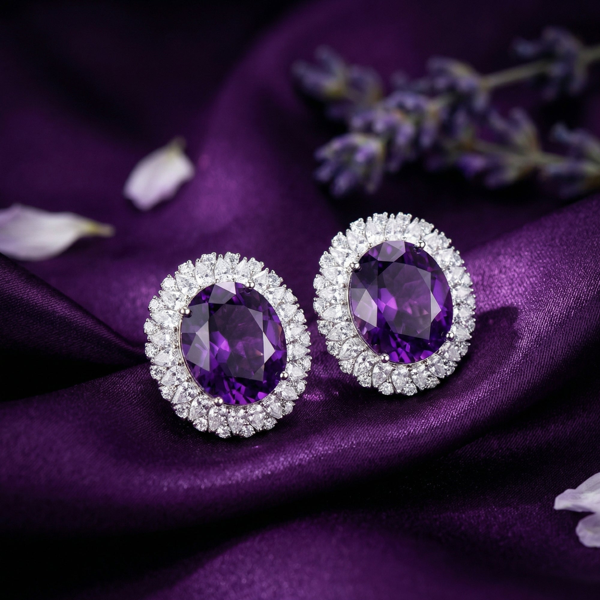 Oval cut natural amethyst halo earrings in sterling silver on purple silk with lavender accents.