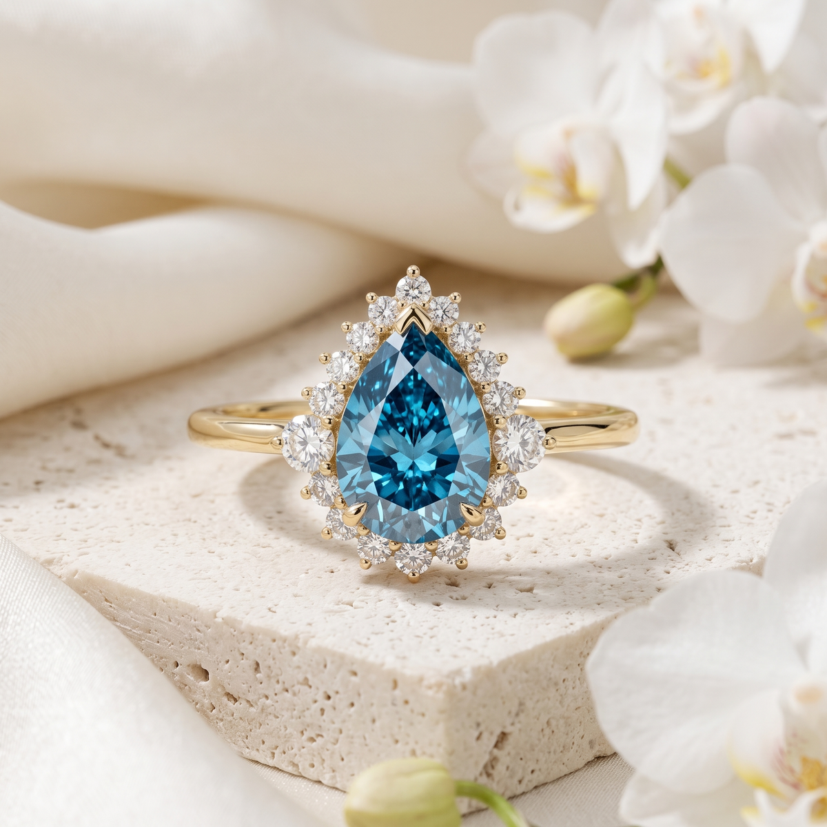 Pear-cut ocean blue moissanite halo ring in yellow gold displayed on a stone pedestal.