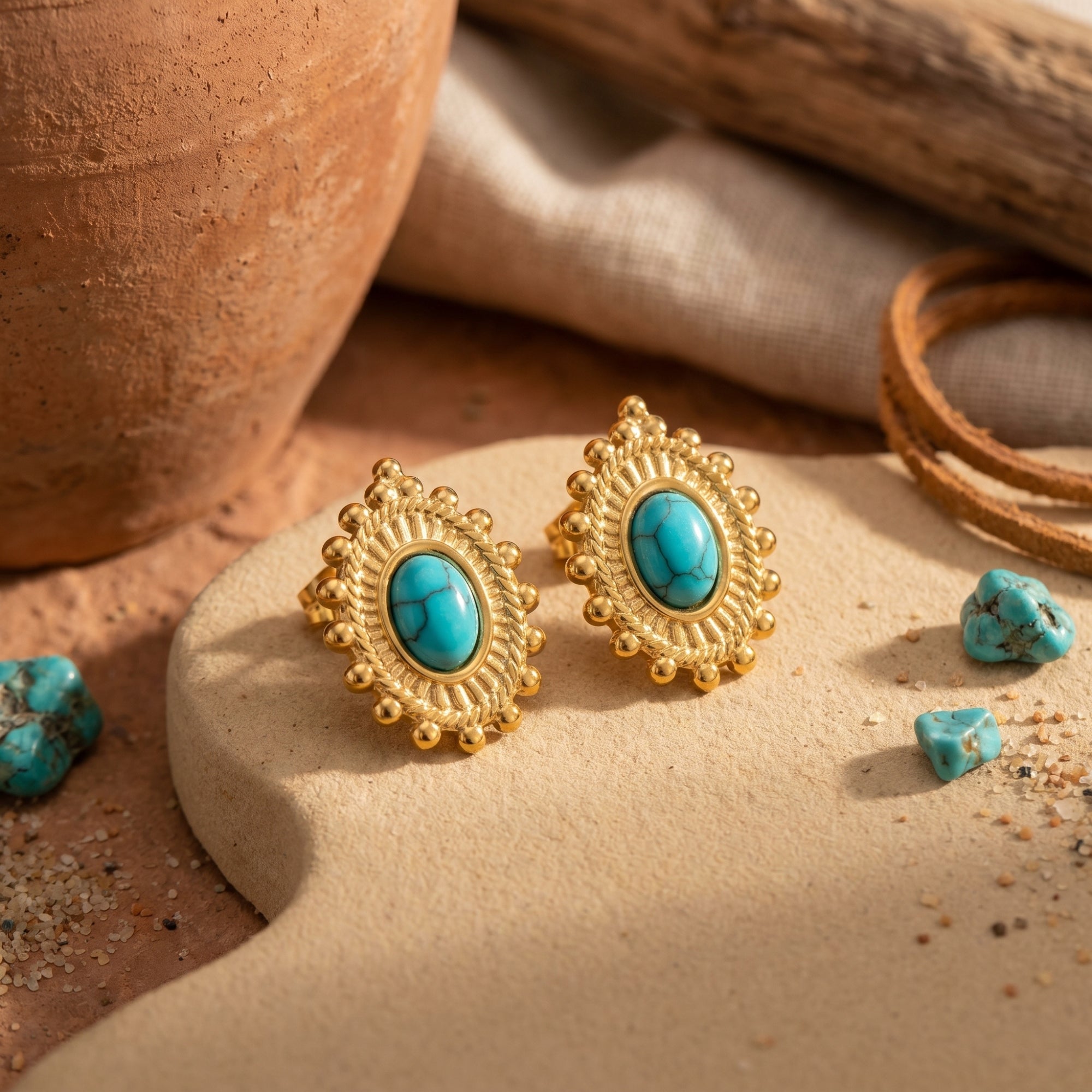 Gold-tone drop earrings with oval turquoise-hued cabochons on a desert-themed stone and sand background.