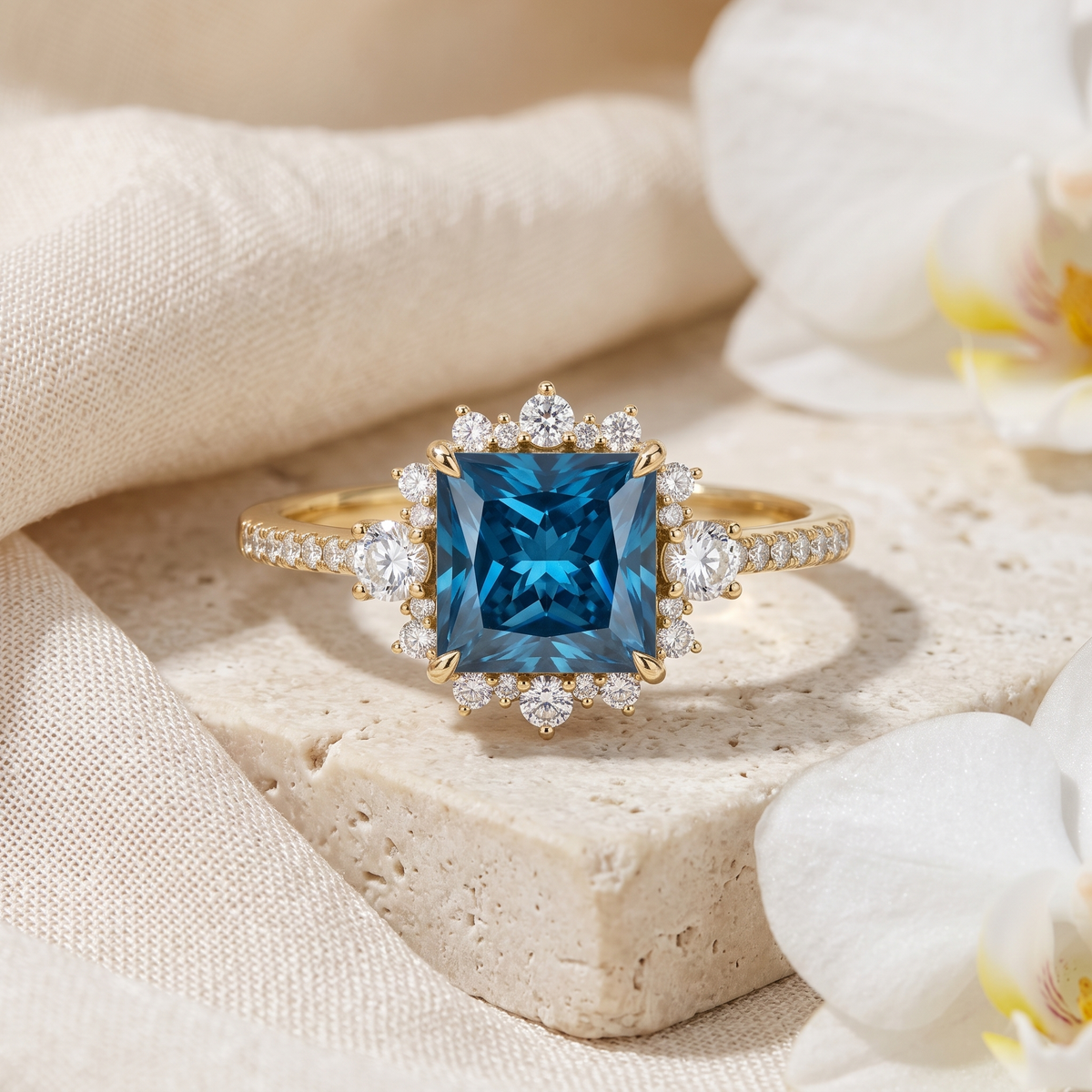 Princess-cut blue moissanite halo engagement ring in yellow gold displayed on a stone surface with white orchids.