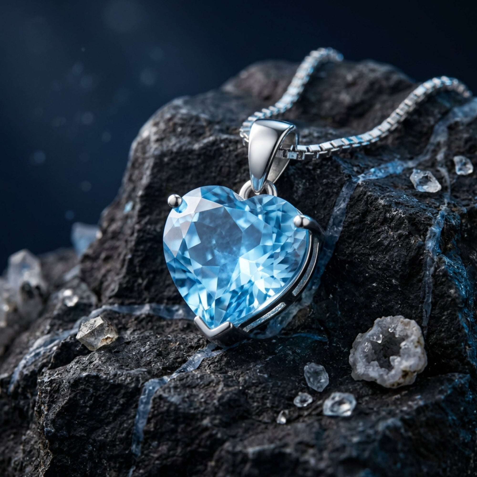 Heart-cut blue topaz pendant in white gold on a silver chain, displayed on dark natural rocks.