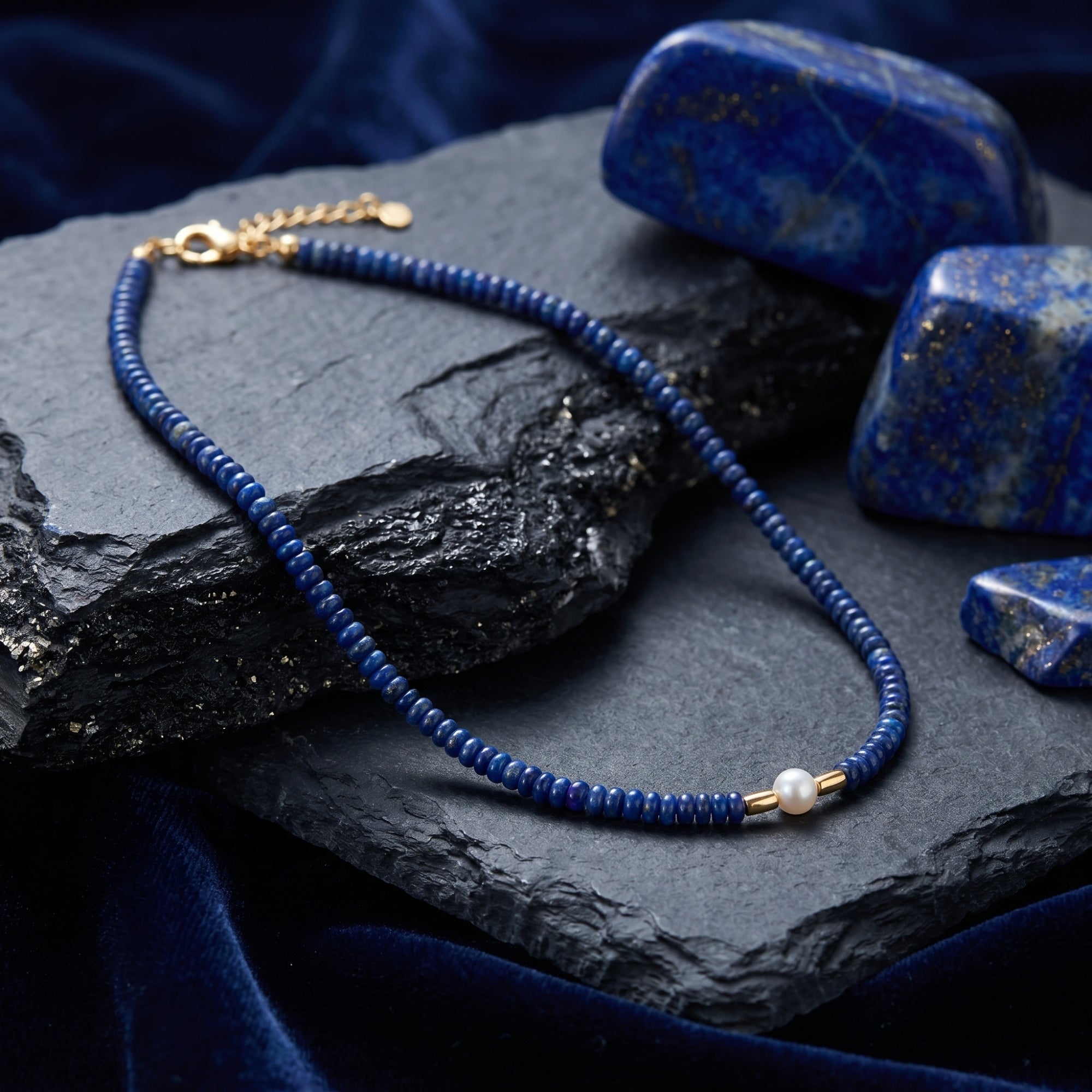 Beaded lapis lazuli necklace with a central white pearl and 18k gold accents on a dark slate background.
