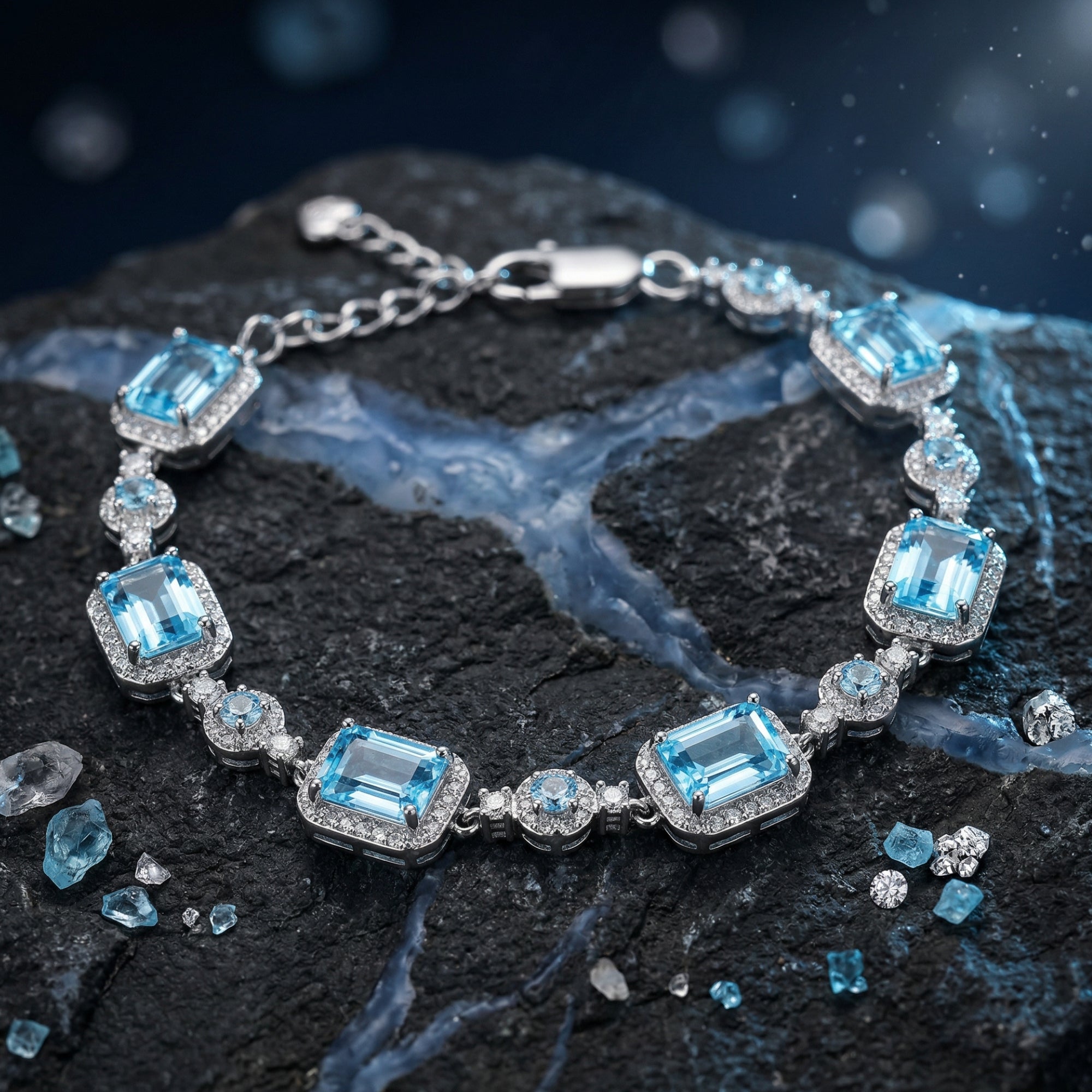 Top view of the emerald cut blue topaz silver bracelet laid on a dark rocky background.