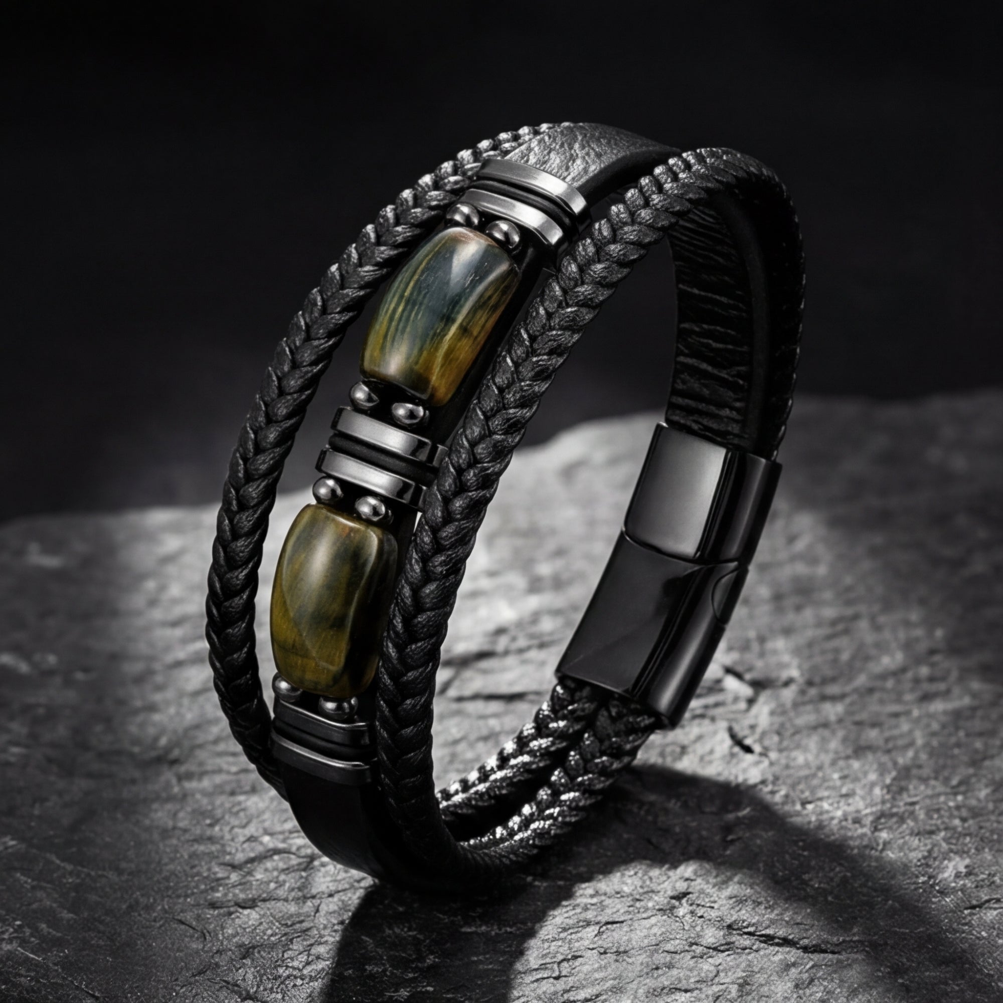 Black braided leather bracelet with tiger's eye stones and black stainless steel hardware on a textured rock.
