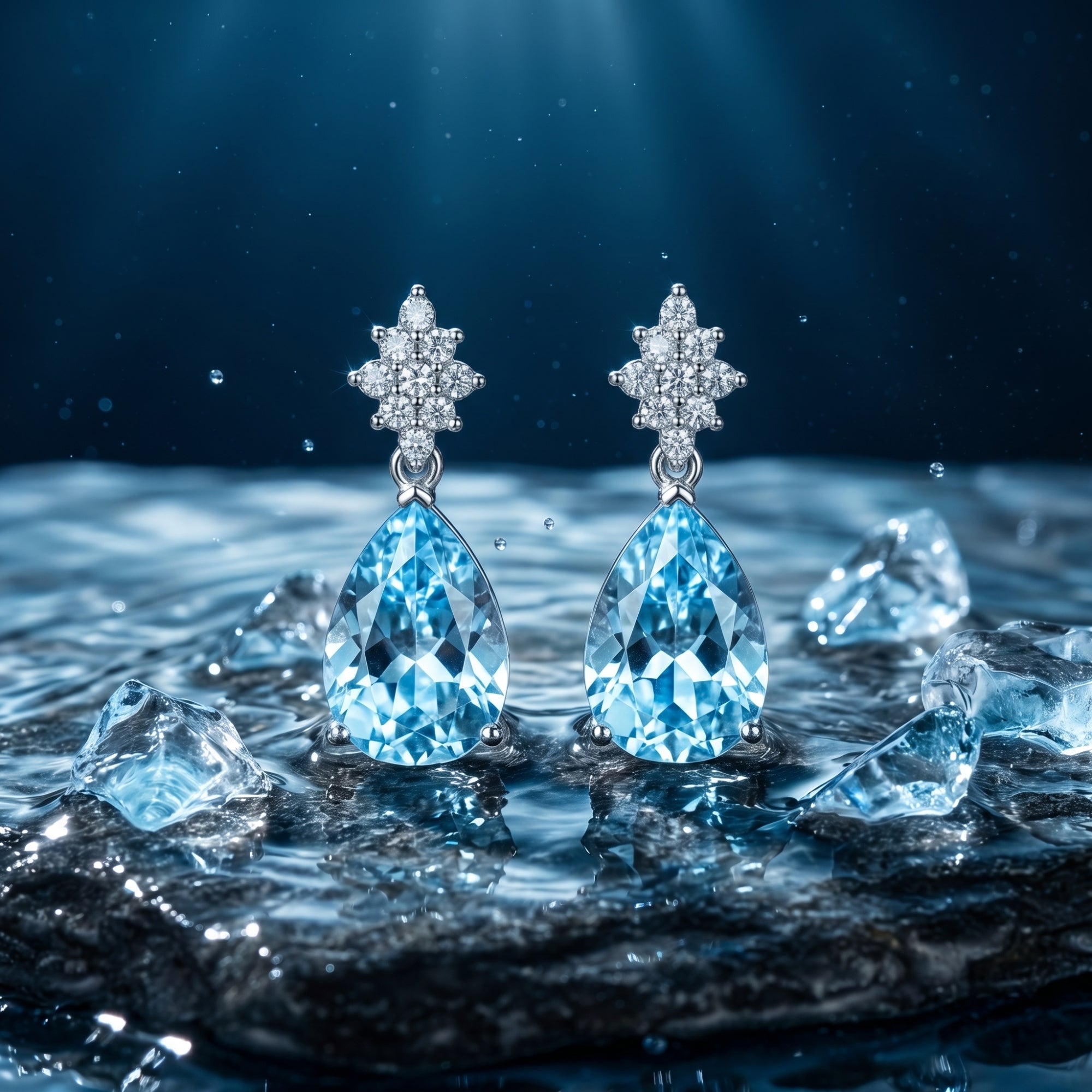 Pear cut aquamarine drop earrings in platinum, styled on a wet stone with water splashes and ice crystals.