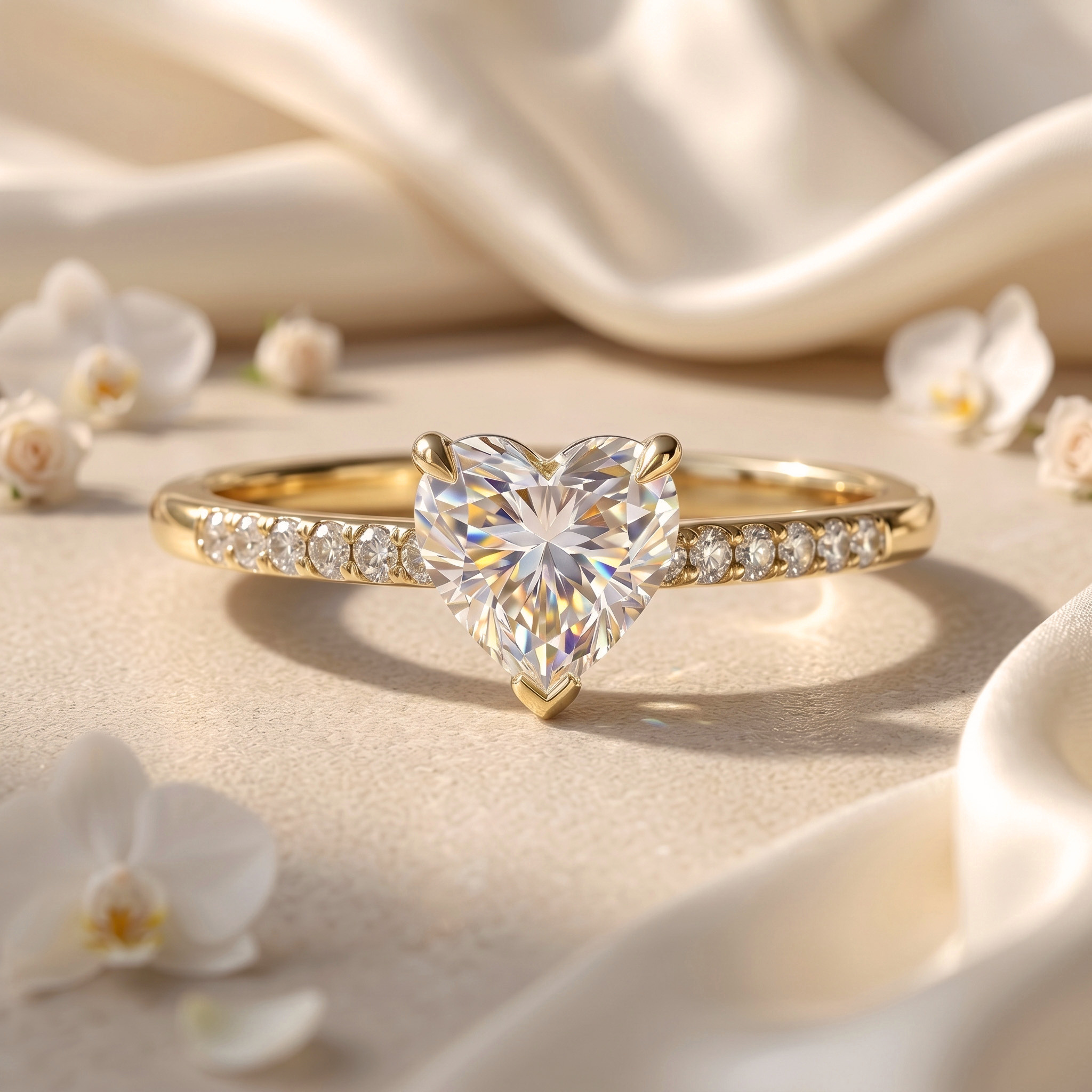 A stunning heart-shaped moissanite engagement ring in yellow gold, displayed elegantly on a cream silk background with delicate white flowers.