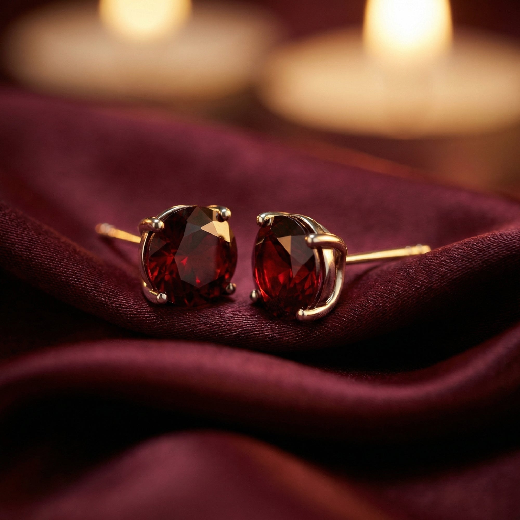 Round-cut garnet stud earrings in 18K white gold resting on dark red silk fabric with warm background lighting.