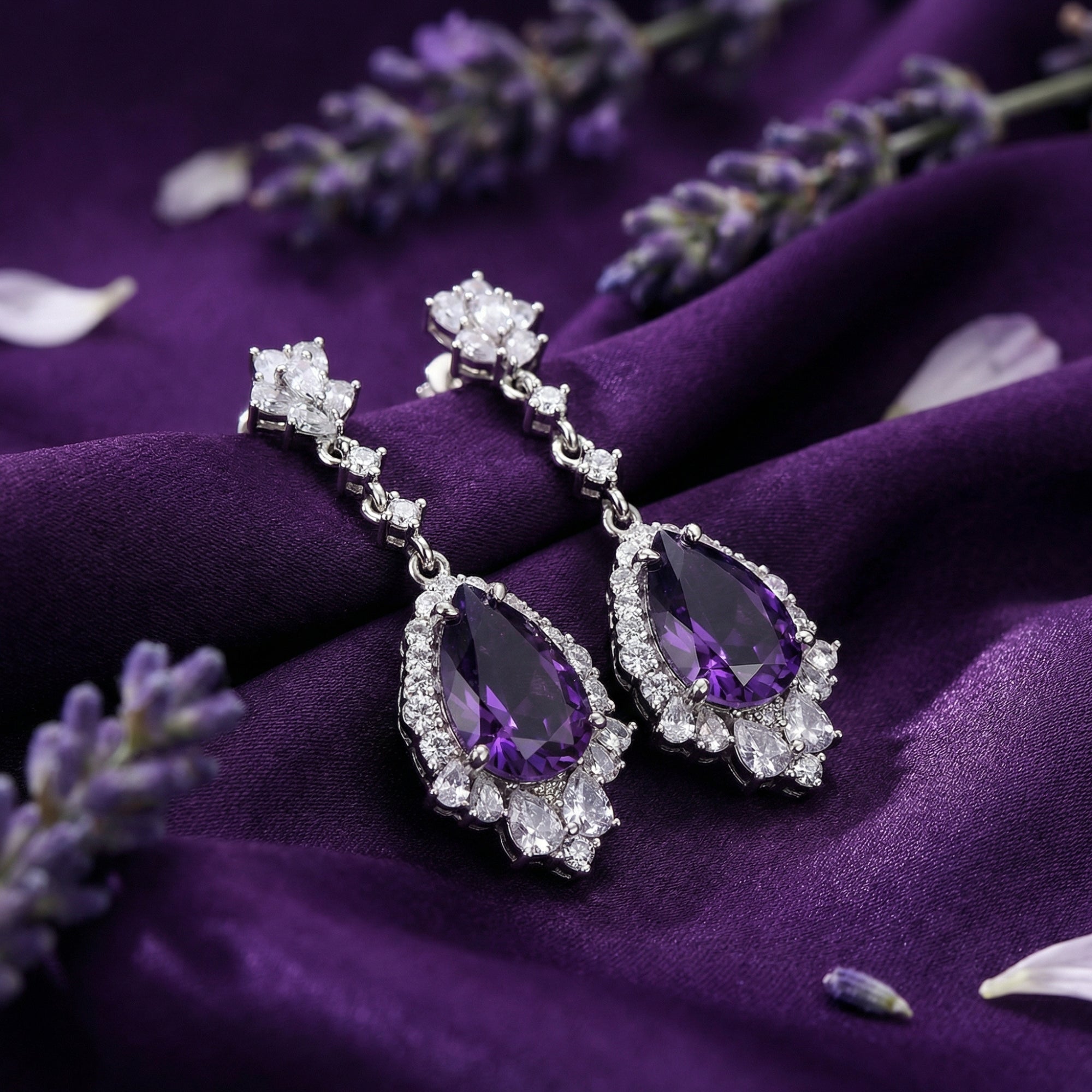 Pear cut natural amethyst drop earrings in S925 sterling silver on purple silk with lavender sprigs.