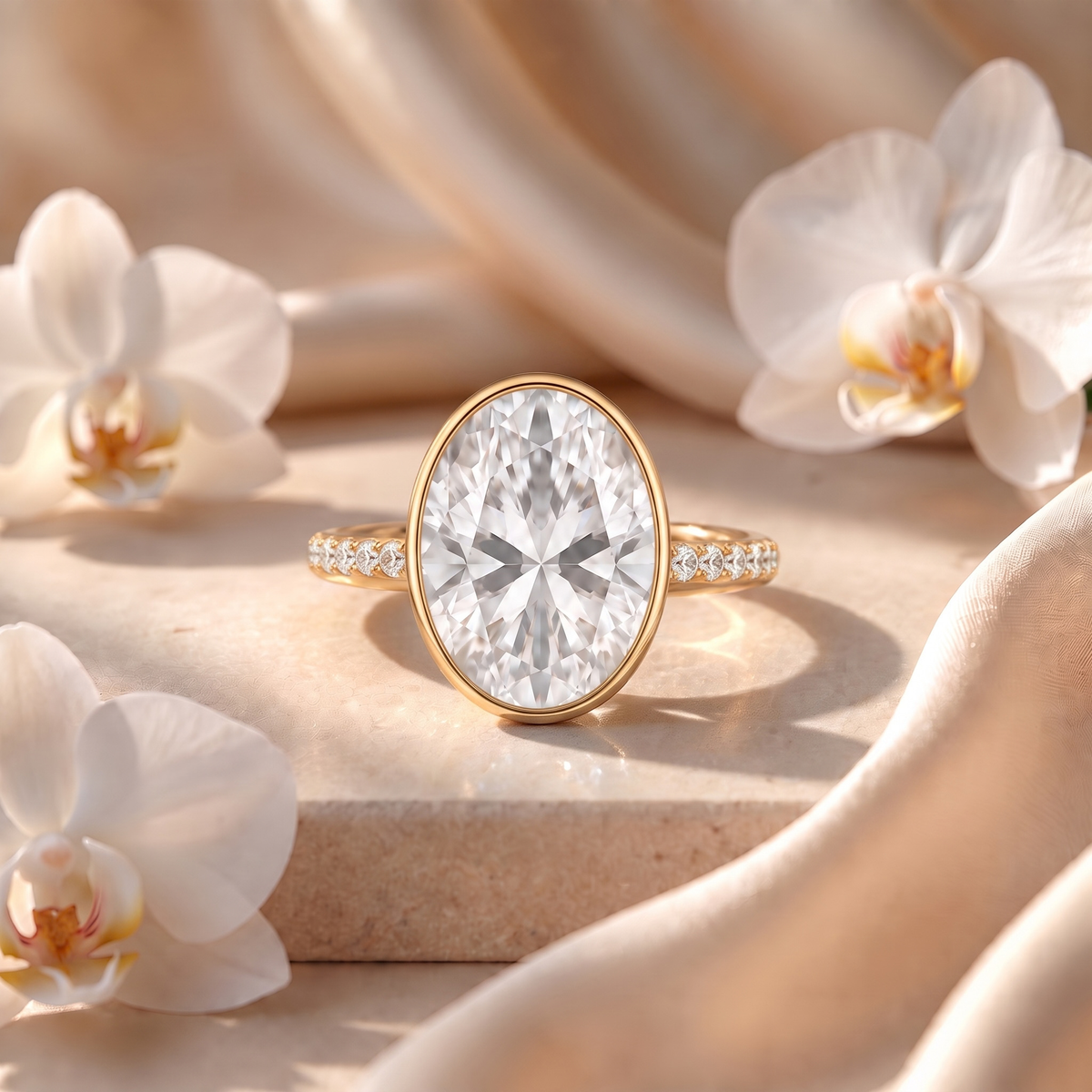 An oval moissanite bezel engagement ring in yellow gold resting on a stone platform with orchids.