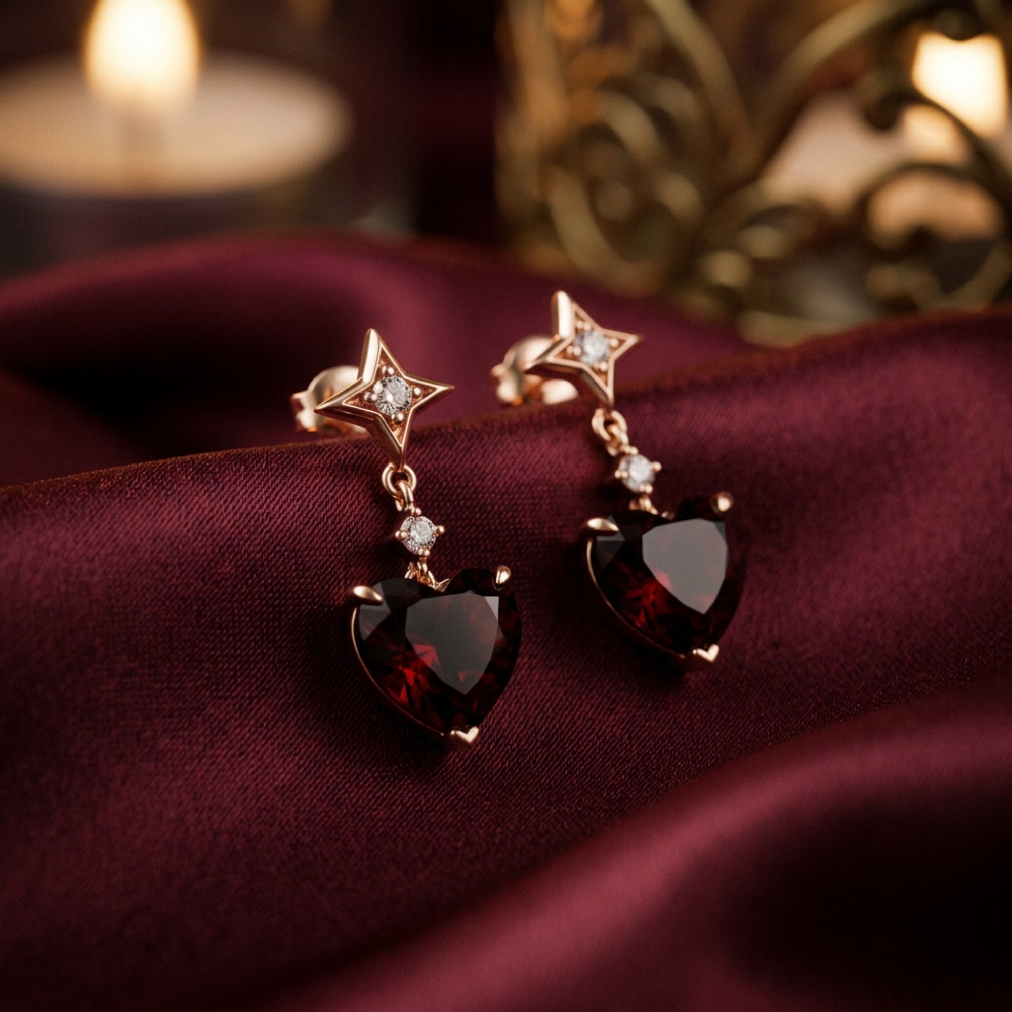 Rose gold heart cut garnet drop earrings resting on dark red silk fabric with a blurred candle background.