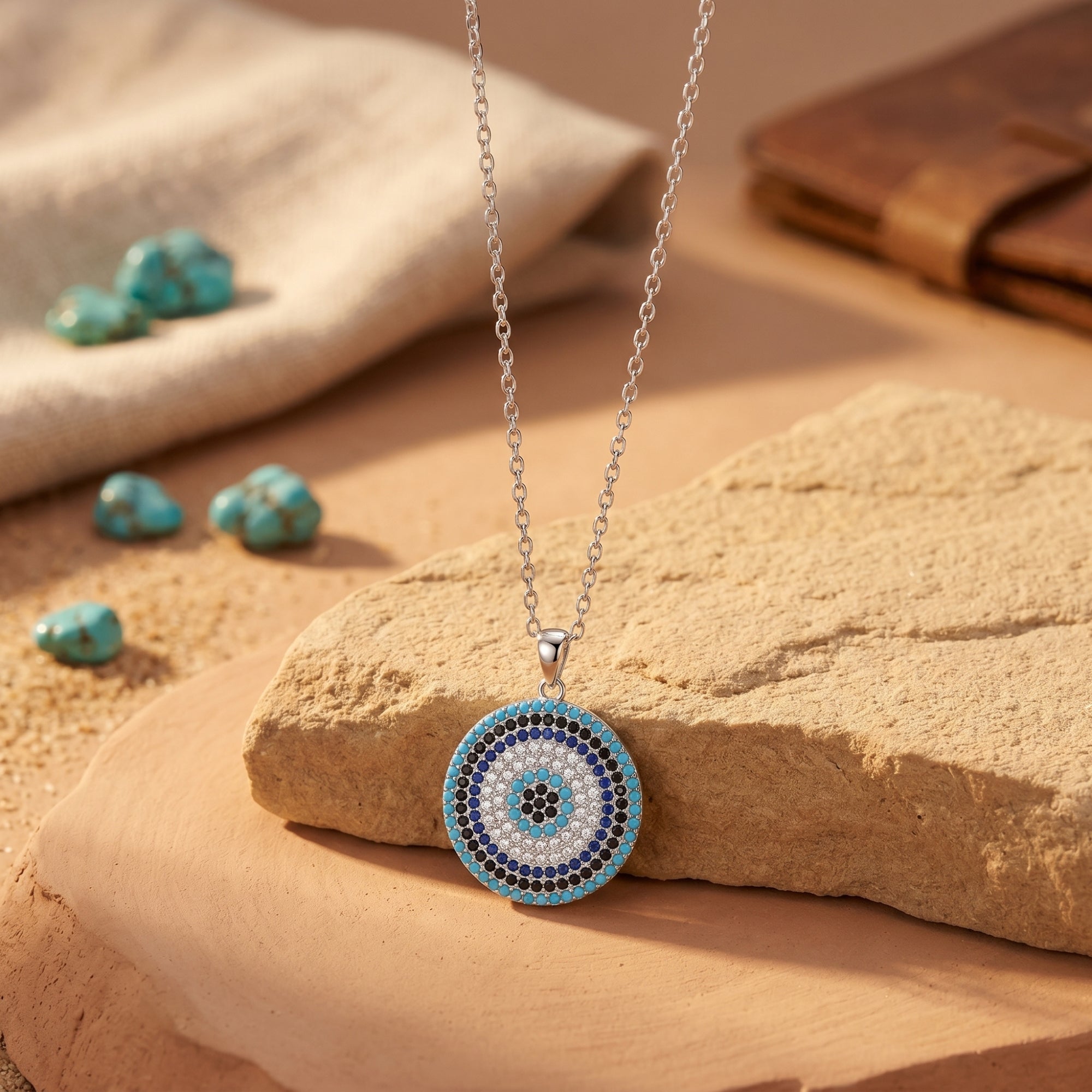 Silver circular turquoise pendant necklace resting on a textured desert rock with loose turquoise stones.