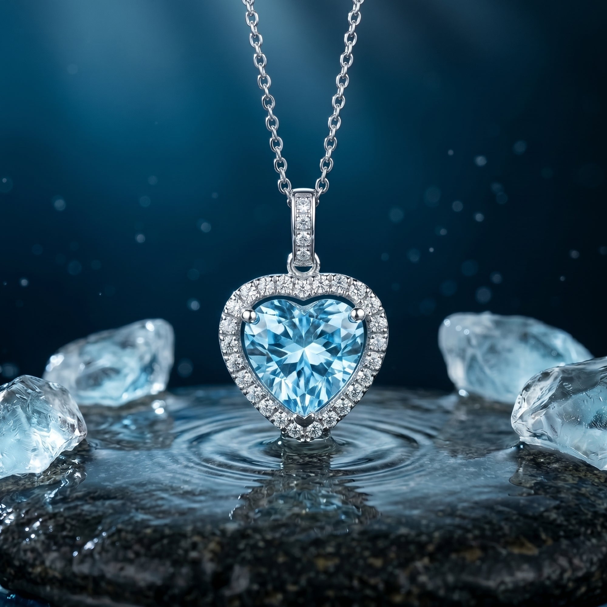 Heart-cut natural aquamarine halo pendant in platinum, styled on a wet rock with water ripples and ice crystals.
