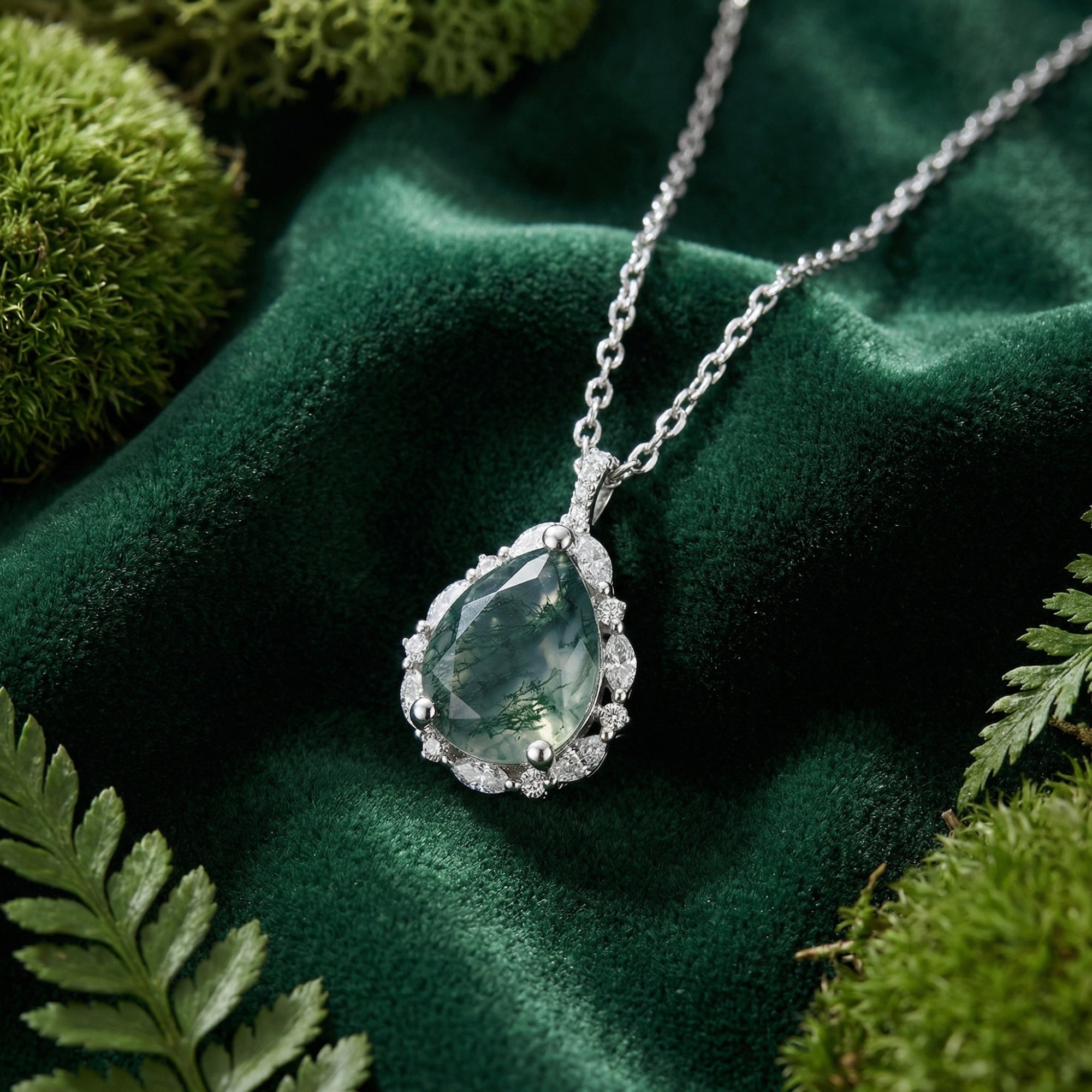 Ethereal Forest Moss Agate Teardrop Pendant Necklace - S925 Sterling Silver