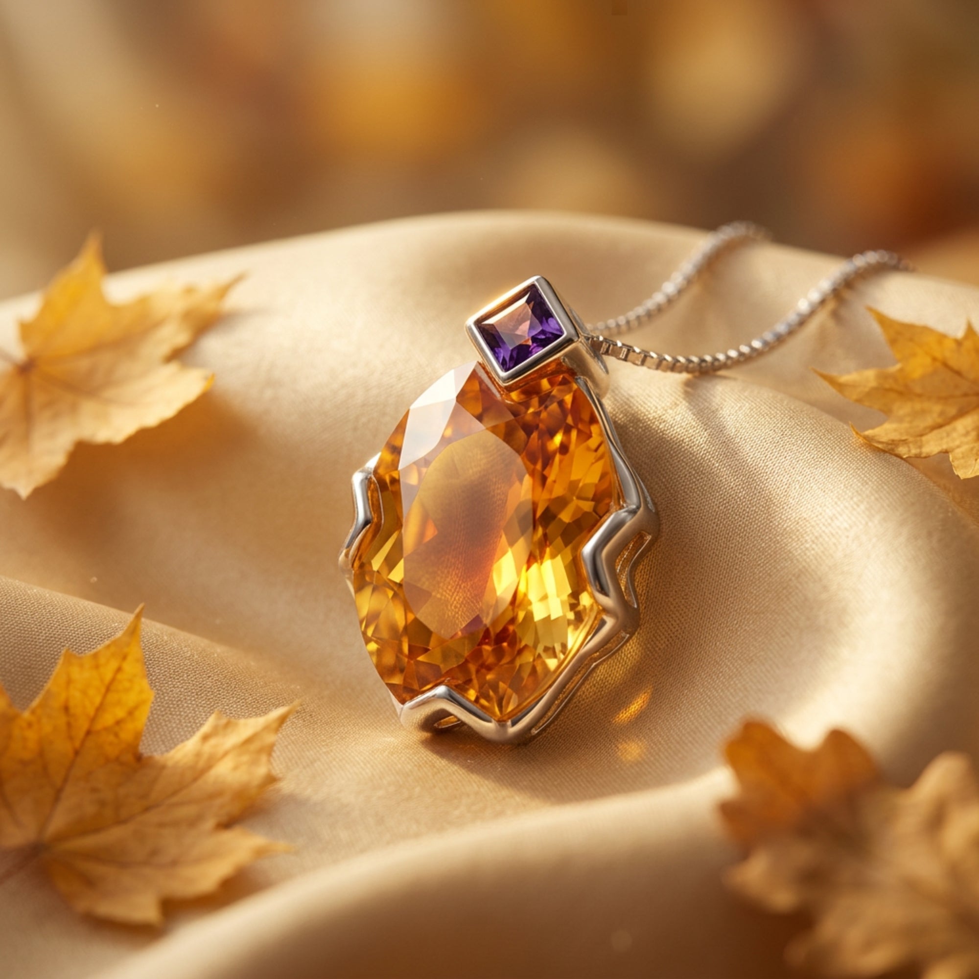 Oval-cut citrine and amethyst pendant on a silver chain, styled on gold fabric with autumn leaves.