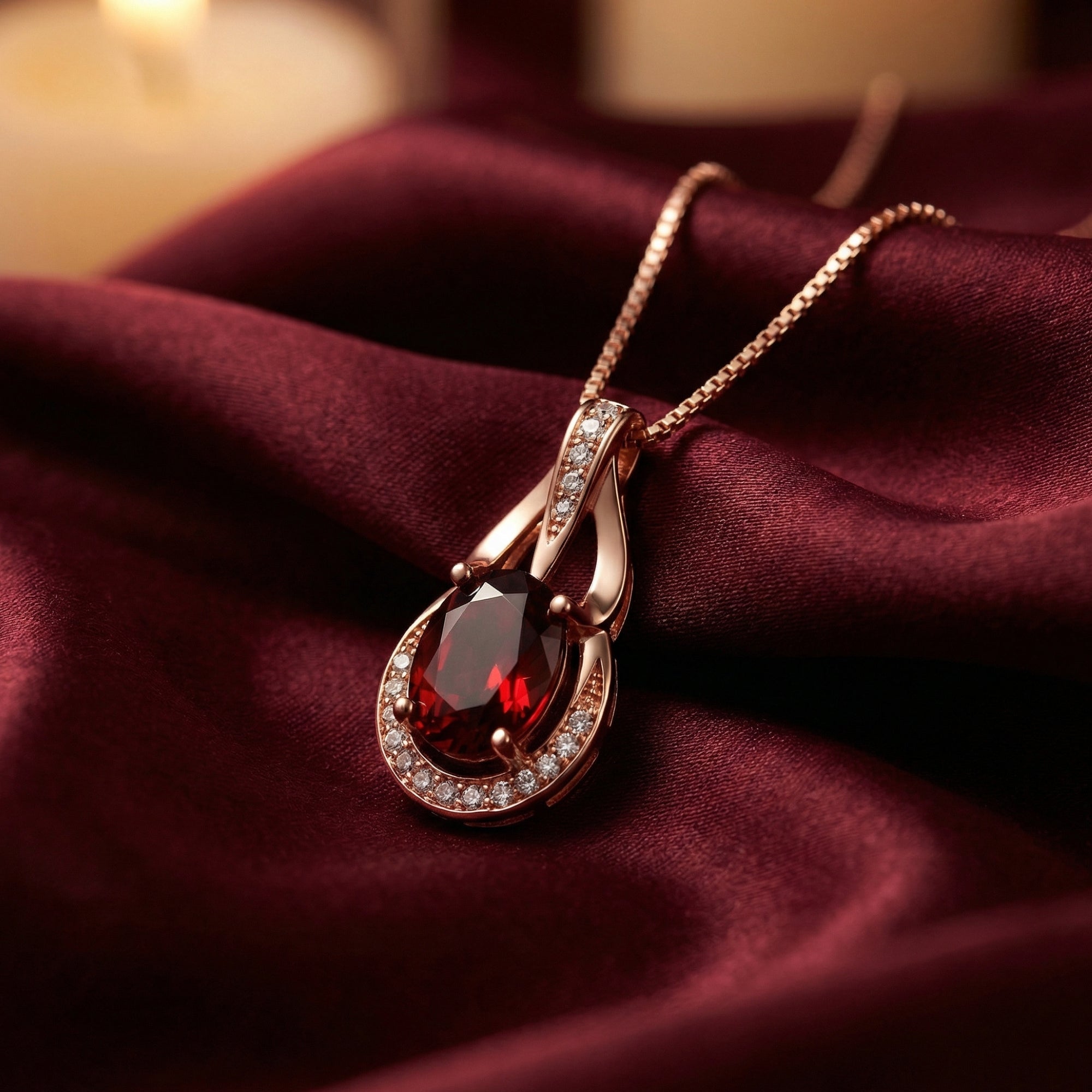 Oval cut garnet pendant necklace in 18K rose gold on burgundy silk with a blurred candle.