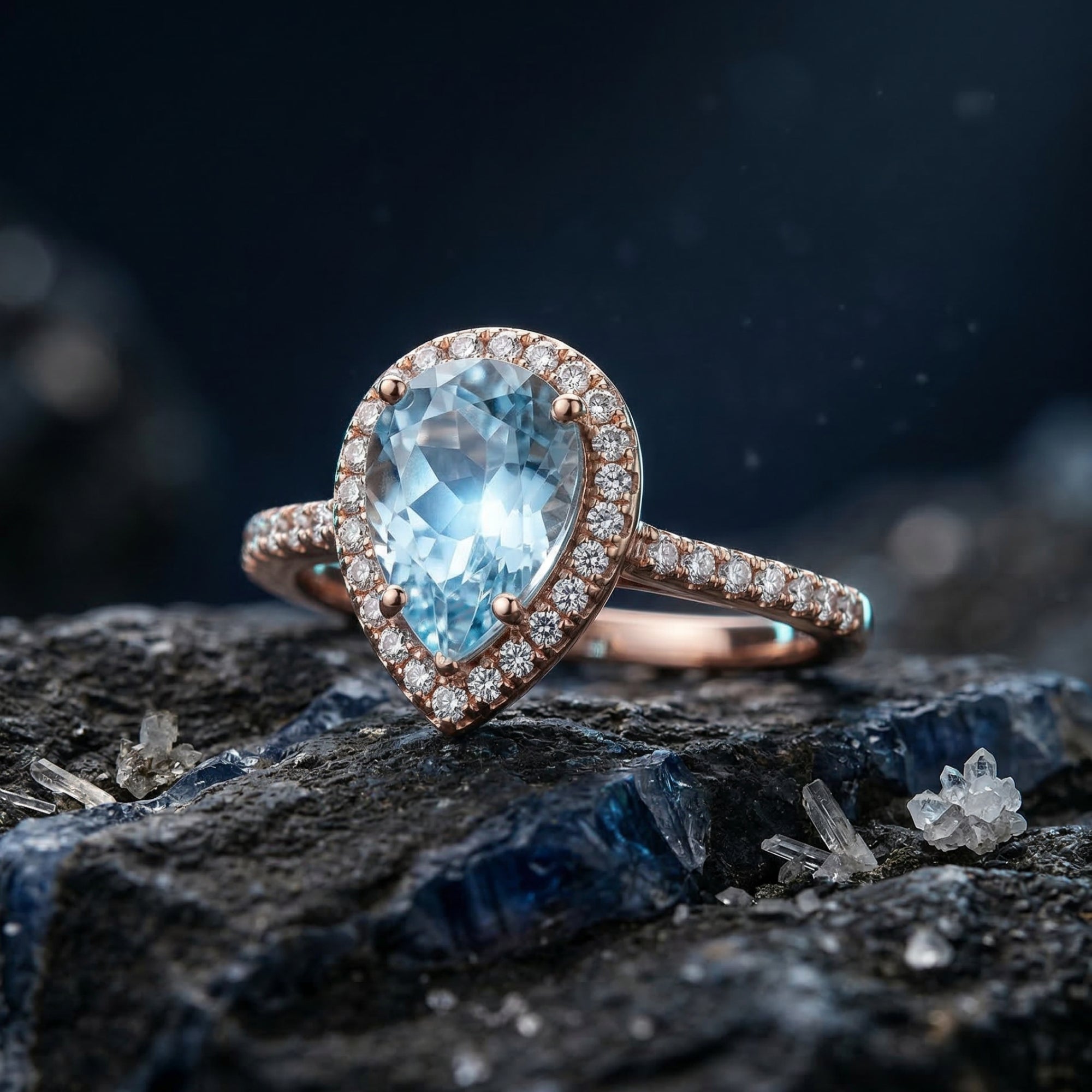 Pear cut blue topaz halo ring in rose gold vermeil, styled on dark mineral rocks with a soft bokeh background.