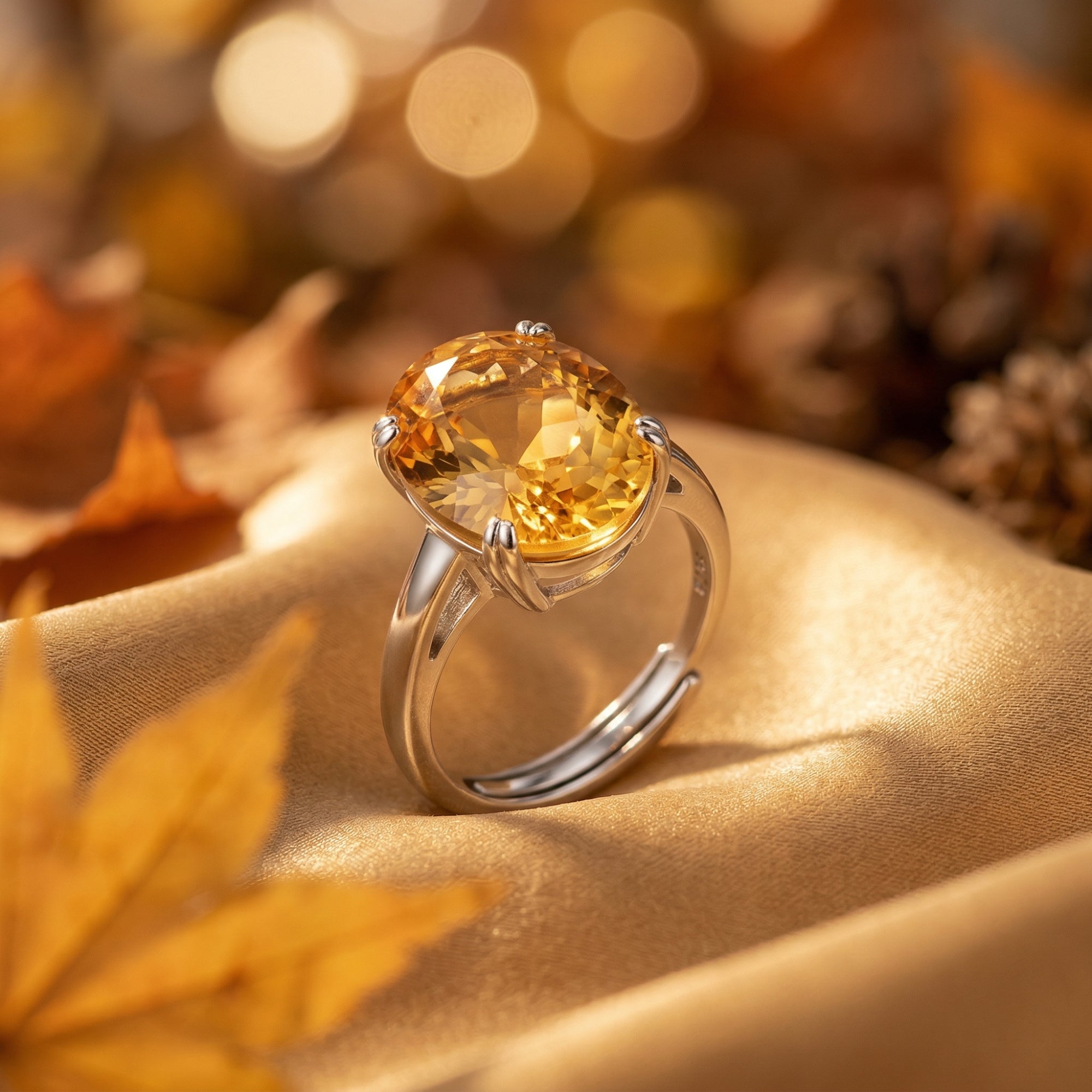 Adjustable sterling silver ring with an oval cut natural citrine on gold fabric with autumn leaves.