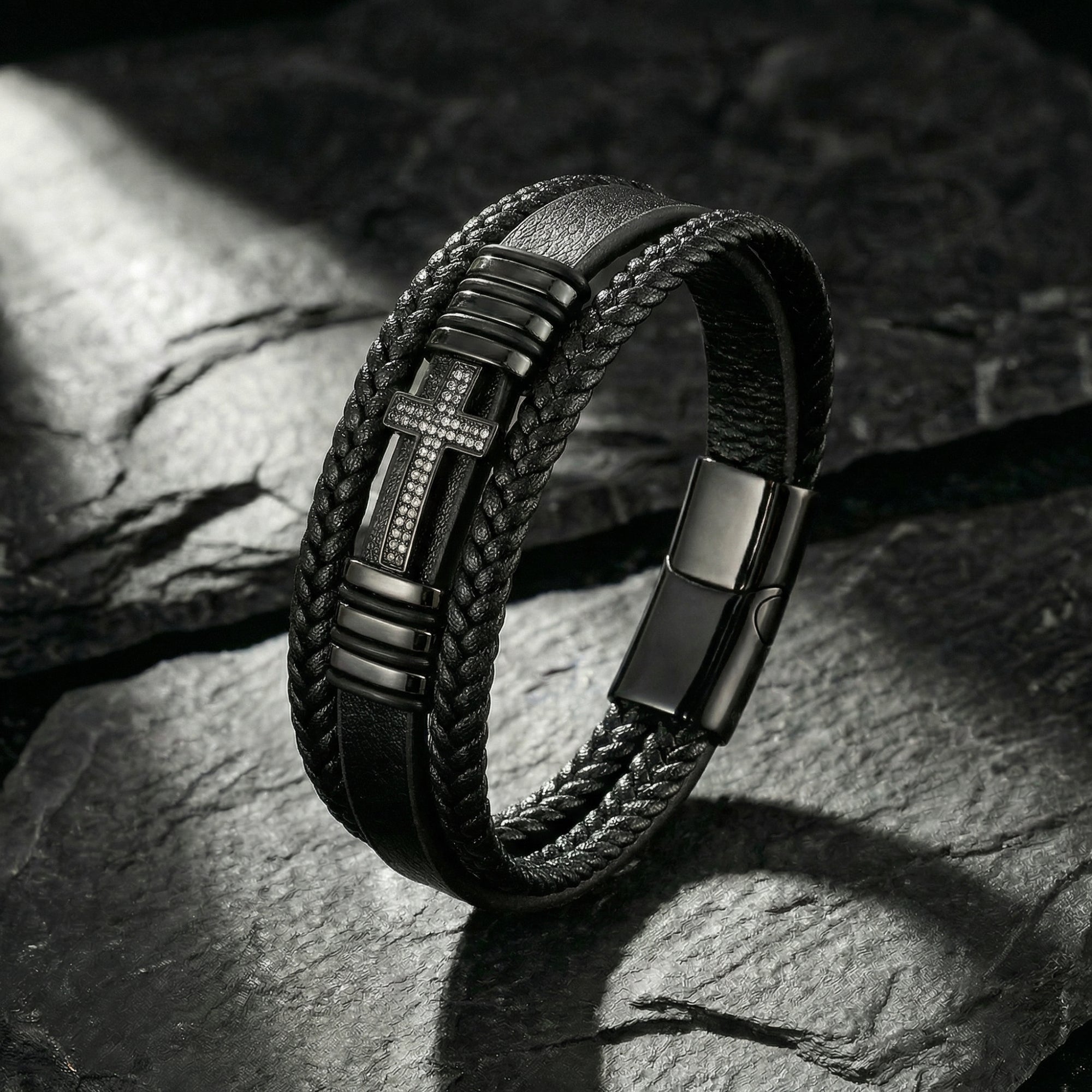 Black braided leather men's bracelet with a stone-set black PVD steel cross on a dark stone background.