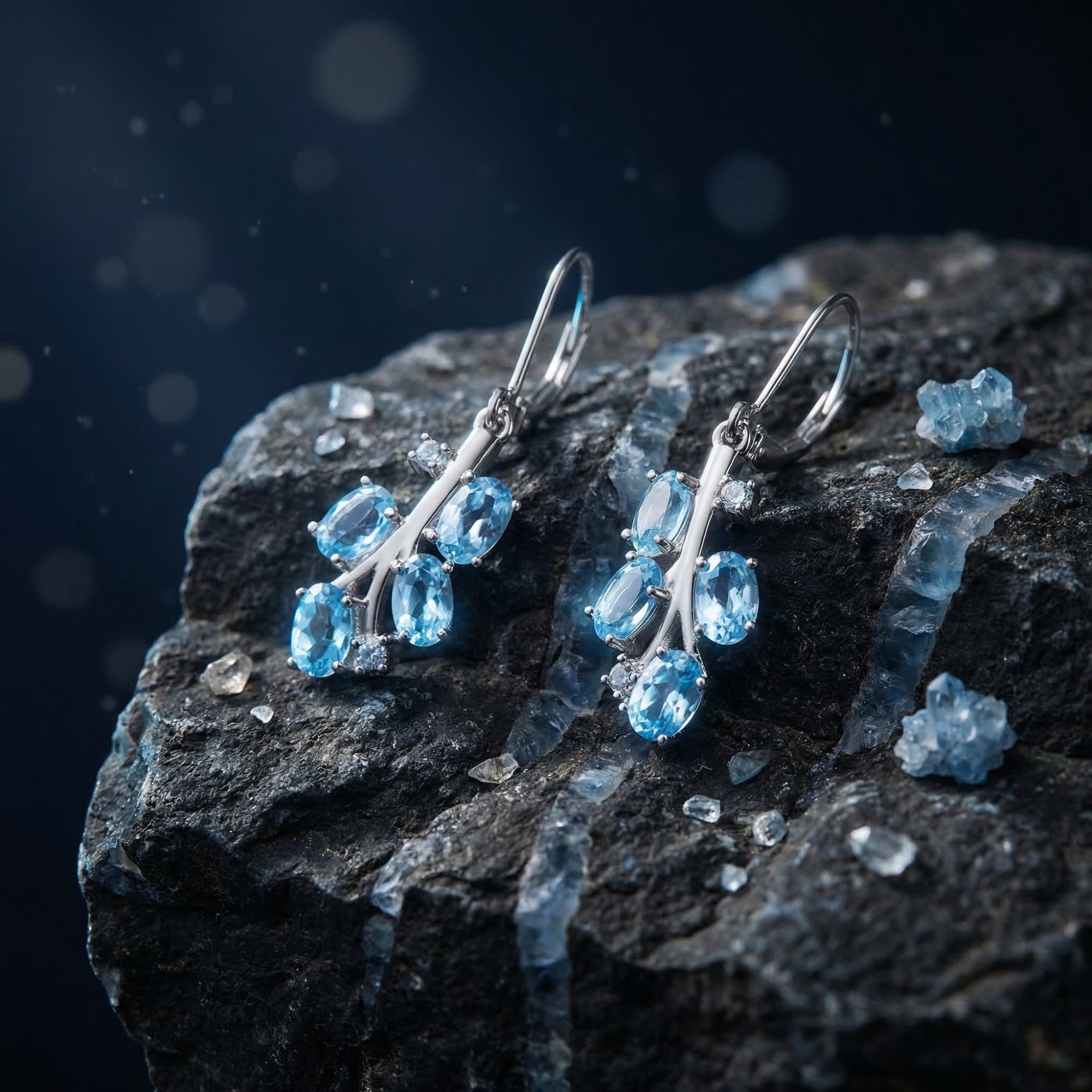 Silver drop earrings with oval and round blue topaz clusters resting on a dark textured rock.