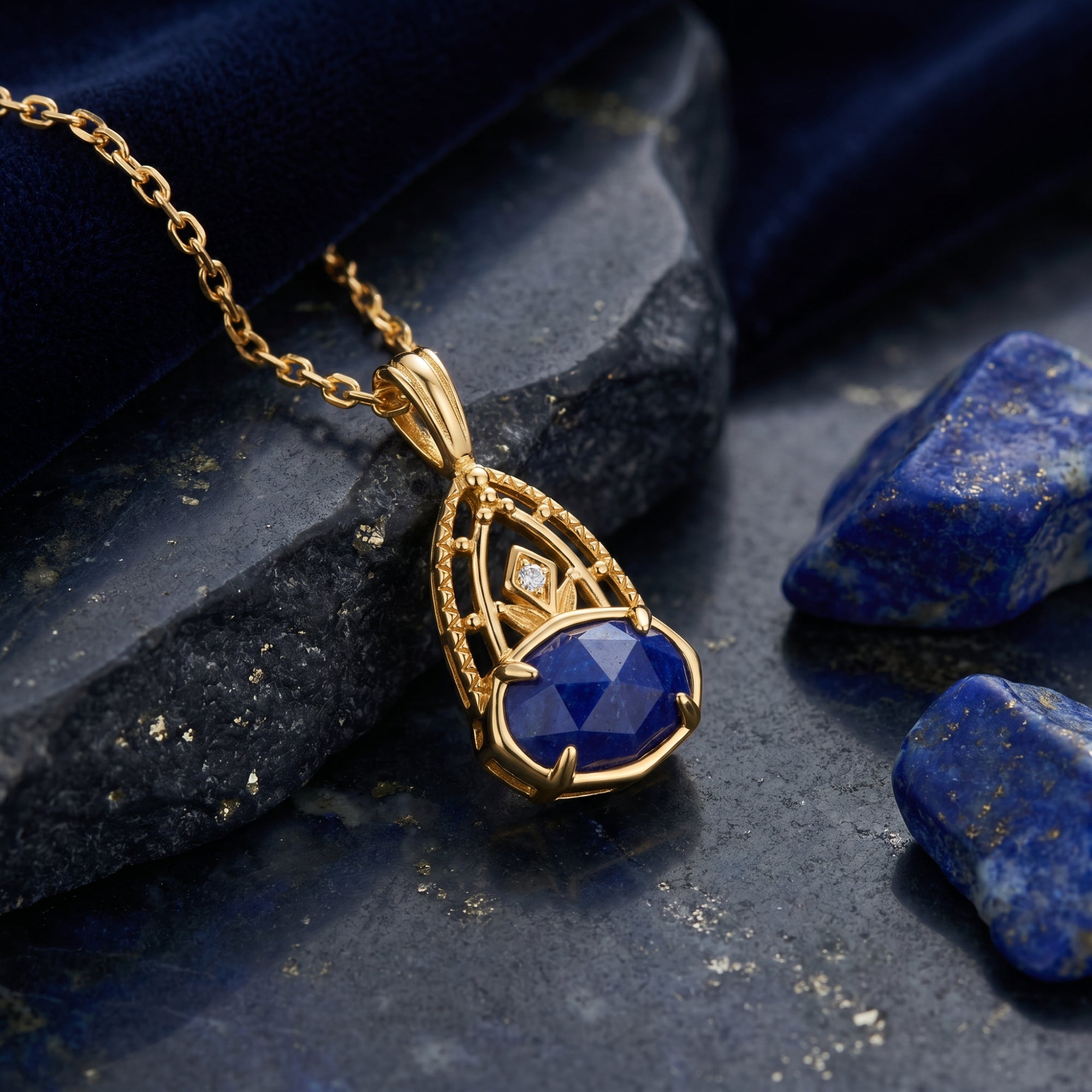 Yellow gold Azure Crest necklace with a faceted oval lapis lazuli stone styled on dark stone with raw lapis accents.