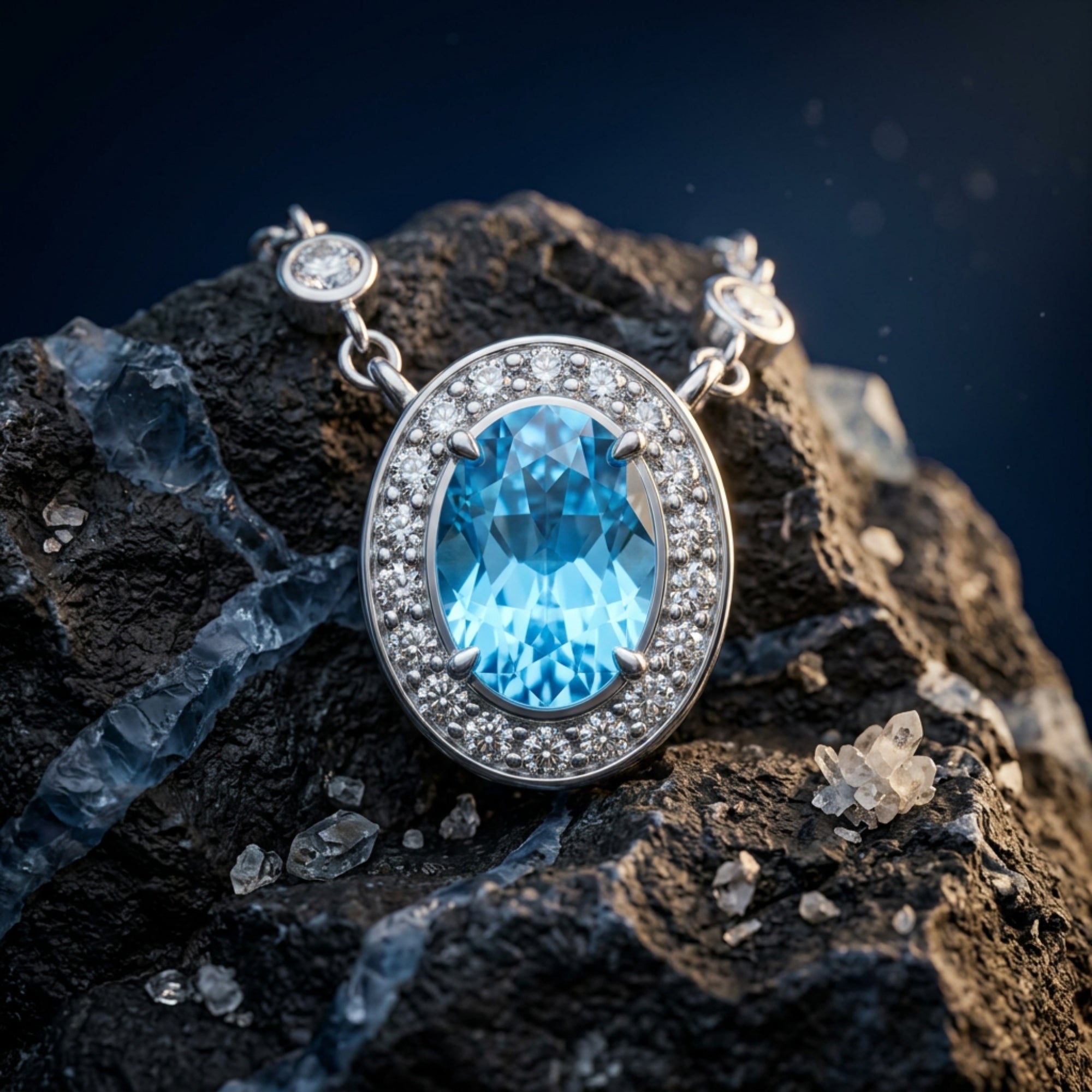 Oval cut natural blue topaz necklace in a silver halo setting, lifestyle view on a dark textured rock.