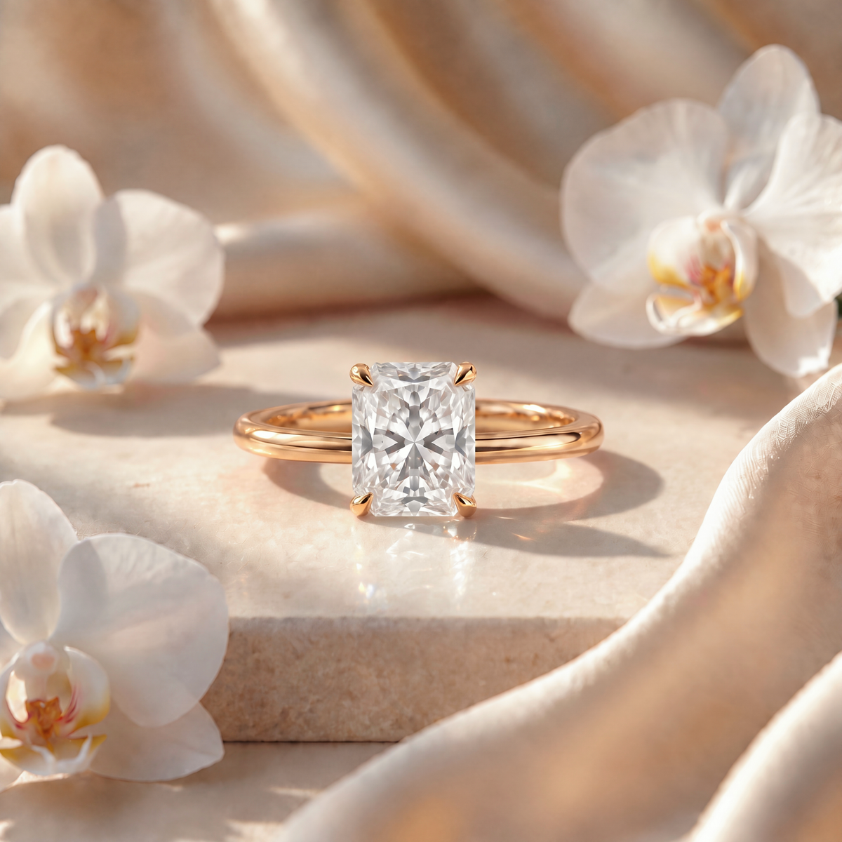 A radiant-cut moissanite solitaire engagement ring in yellow gold resting on a marble pedestal.