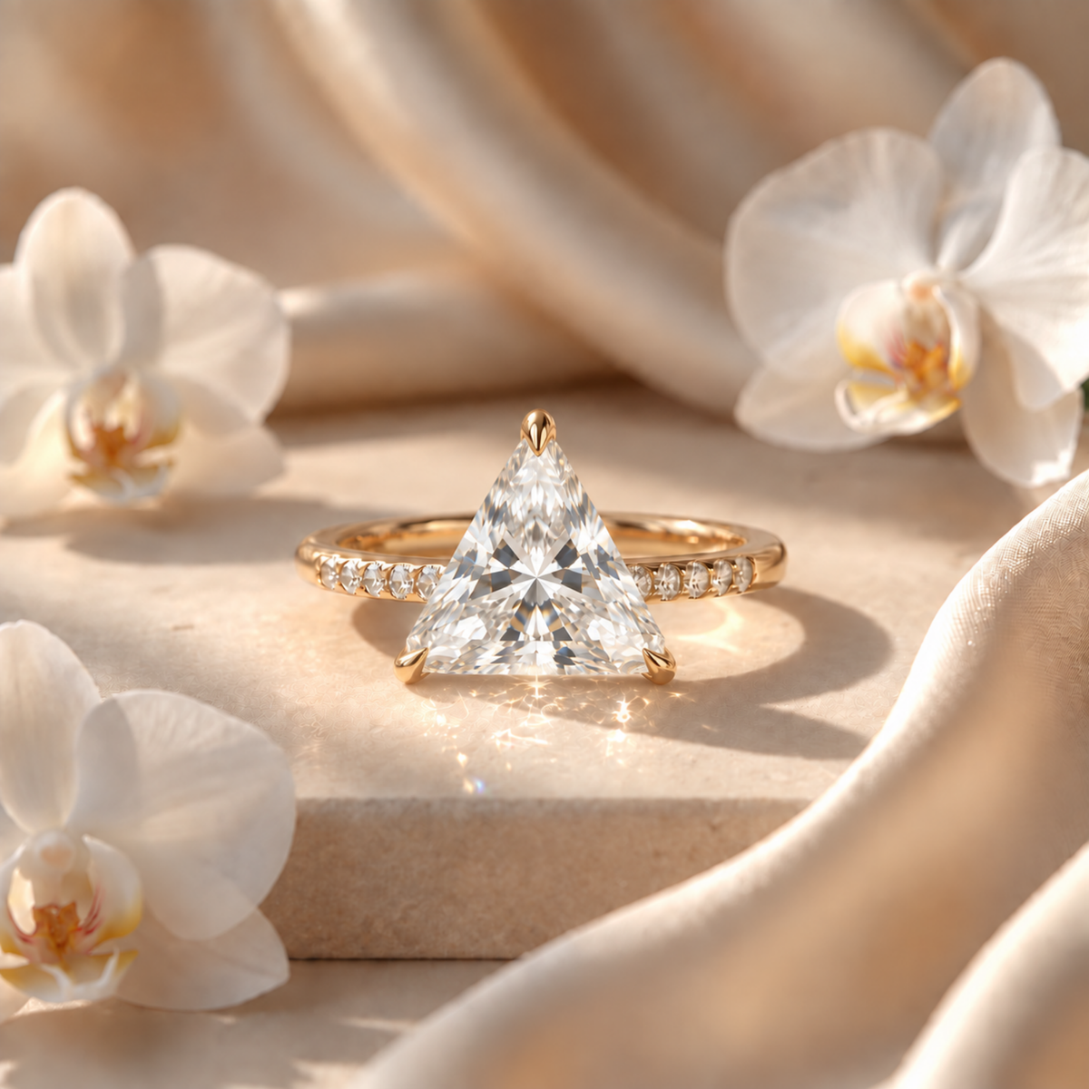 Gold trillion-cut moissanite engagement ring with a pavé band displayed on a stone surface with orchids.