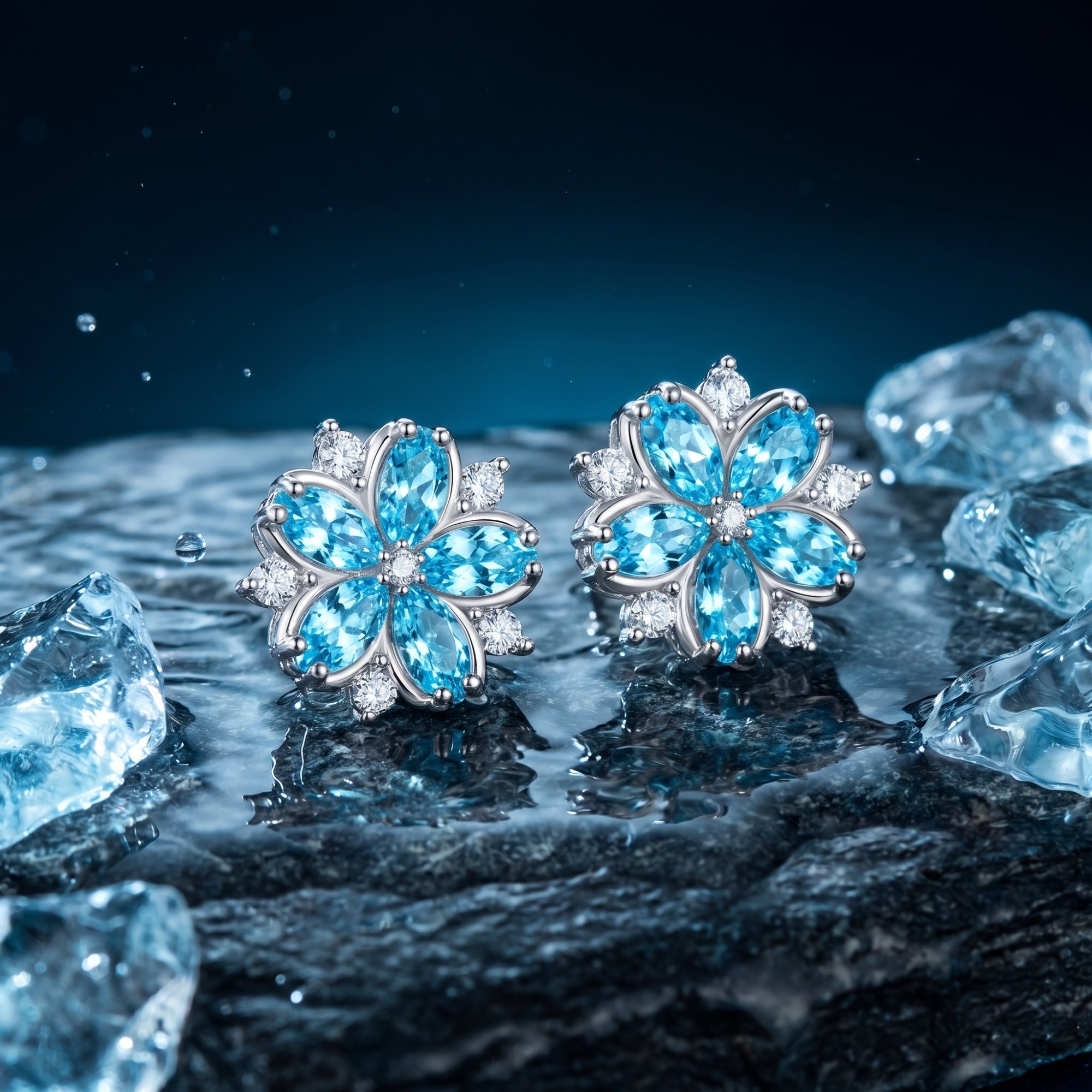 Aquamarine flower stud earrings in sterling silver on a dark wet rock with ice accents.
