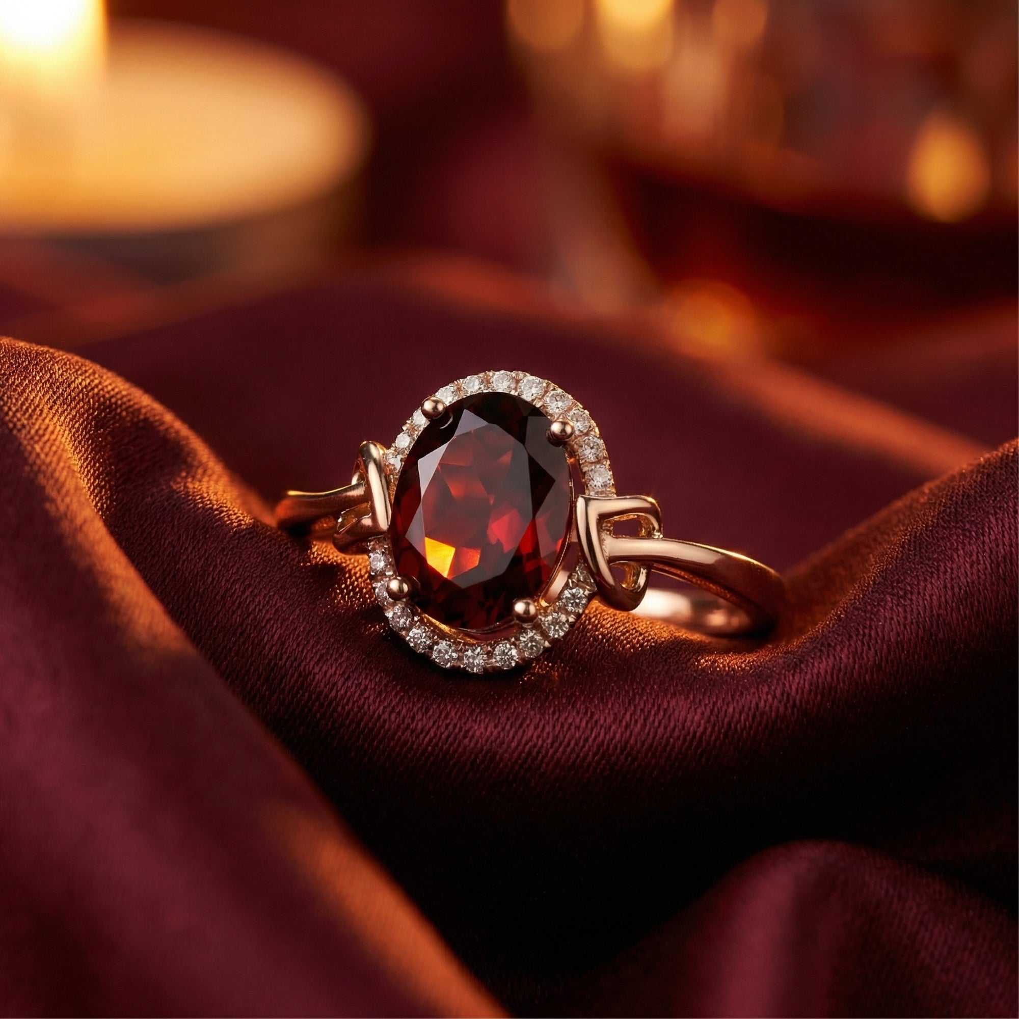 Oval garnet halo ring in 18K rose gold displayed on draped burgundy silk with a soft candlelit background.