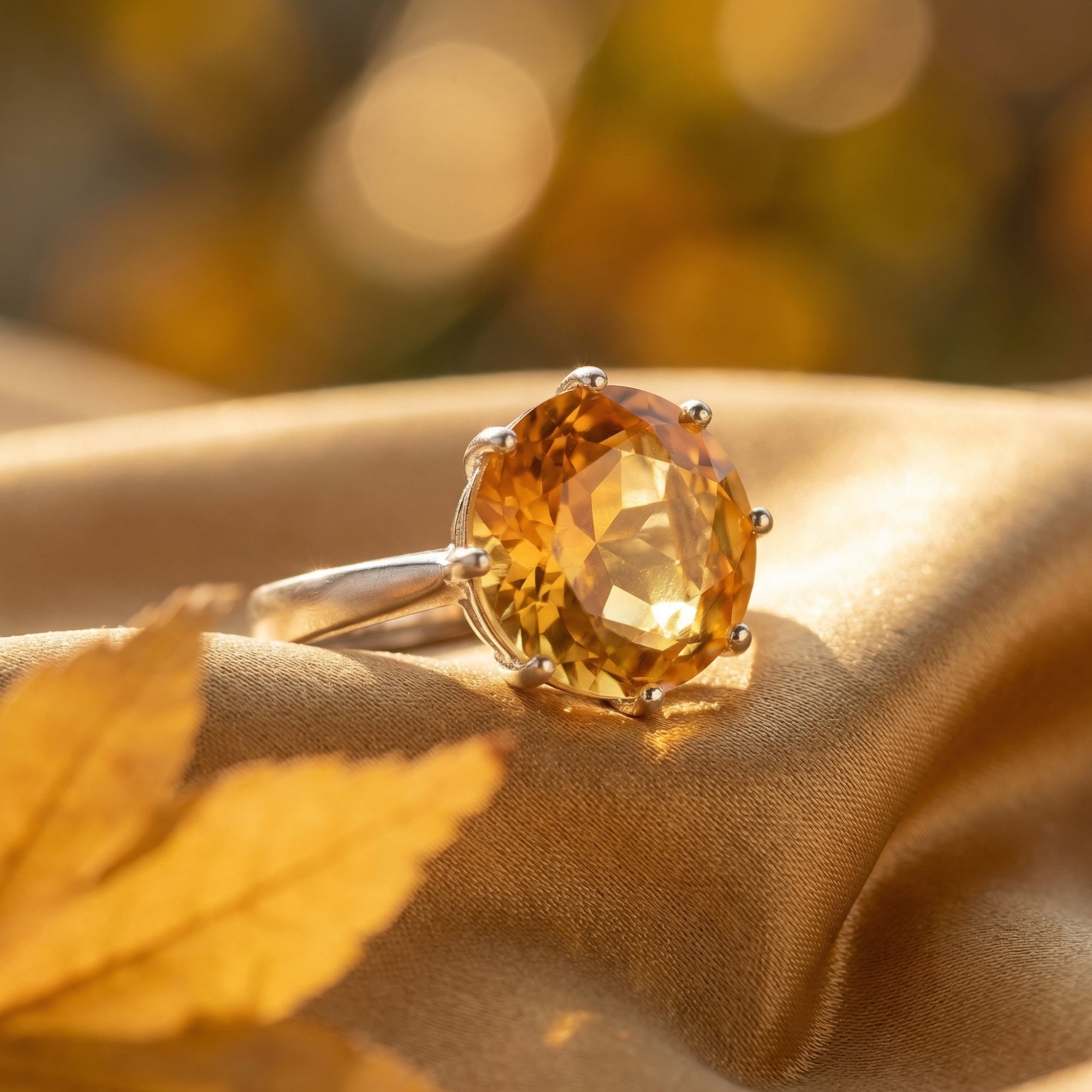 Round-cut natural citrine ring in sterling silver resting on golden silk fabric with an autumn leaf.