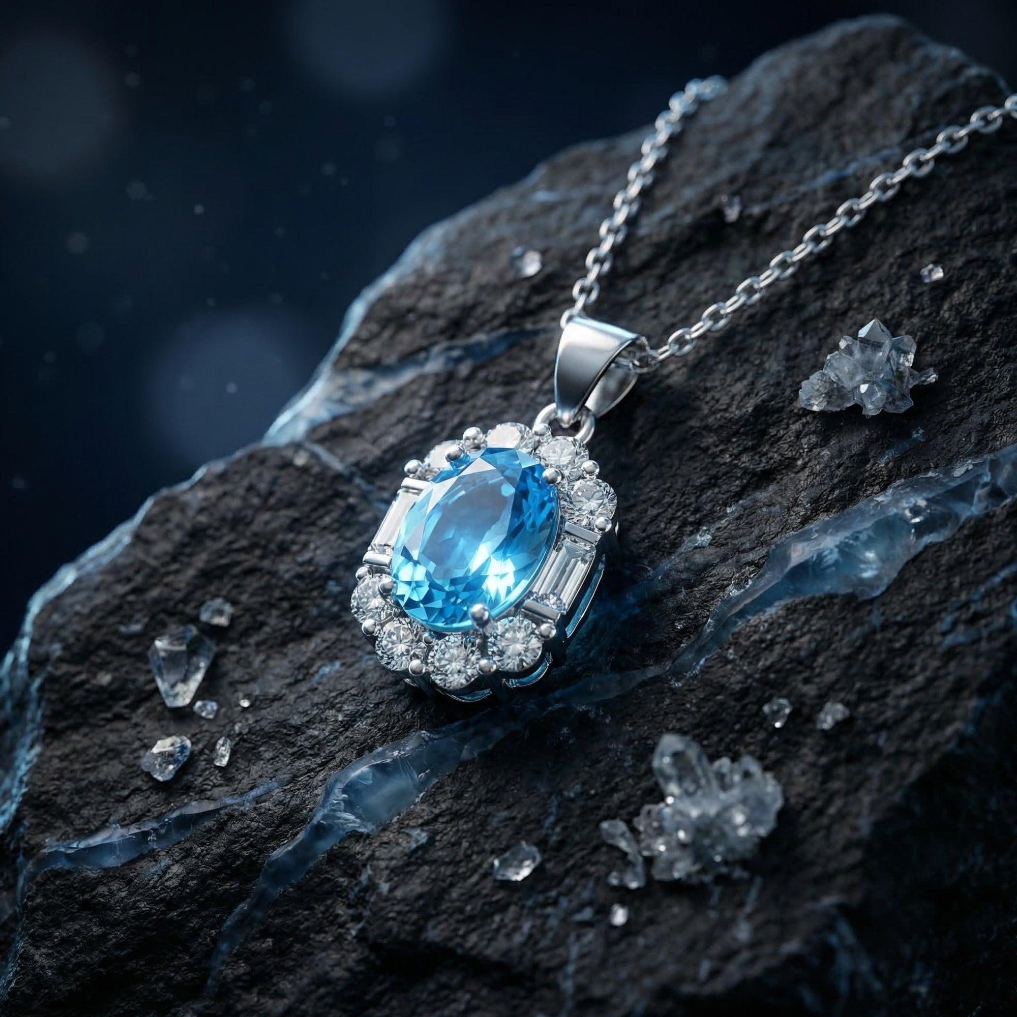 Oval cut natural blue topaz pendant in a white gold halo setting resting on dark textured rock.