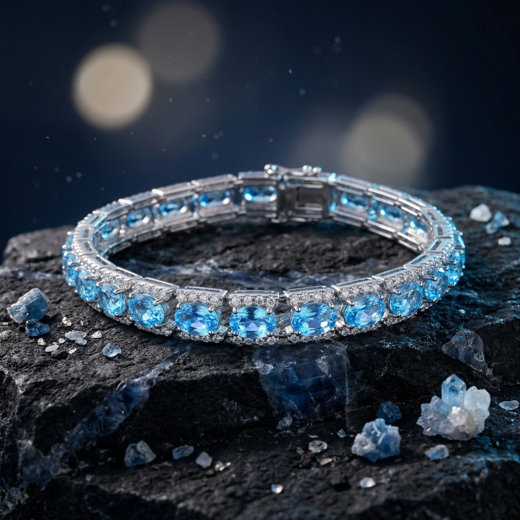 White gold tennis bracelet with oval-cut natural blue topaz stones on a dark rocky surface.