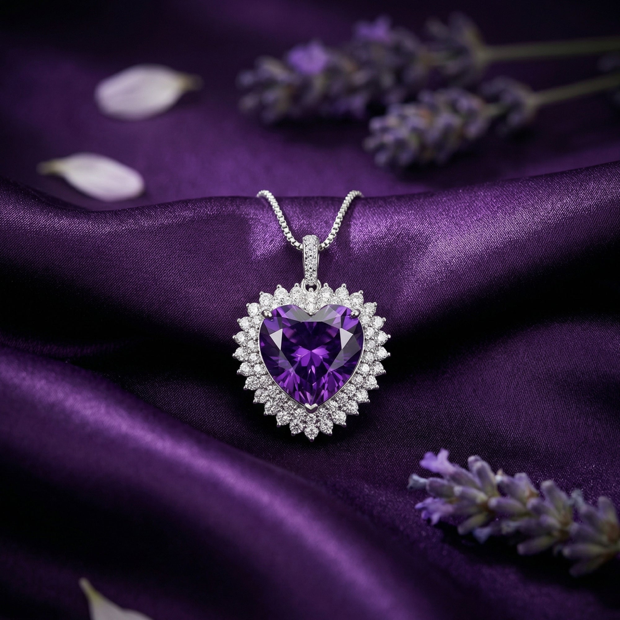 Close-up of a 25mm heart-cut amethyst pendant in a silver halo setting resting on draped purple satin.