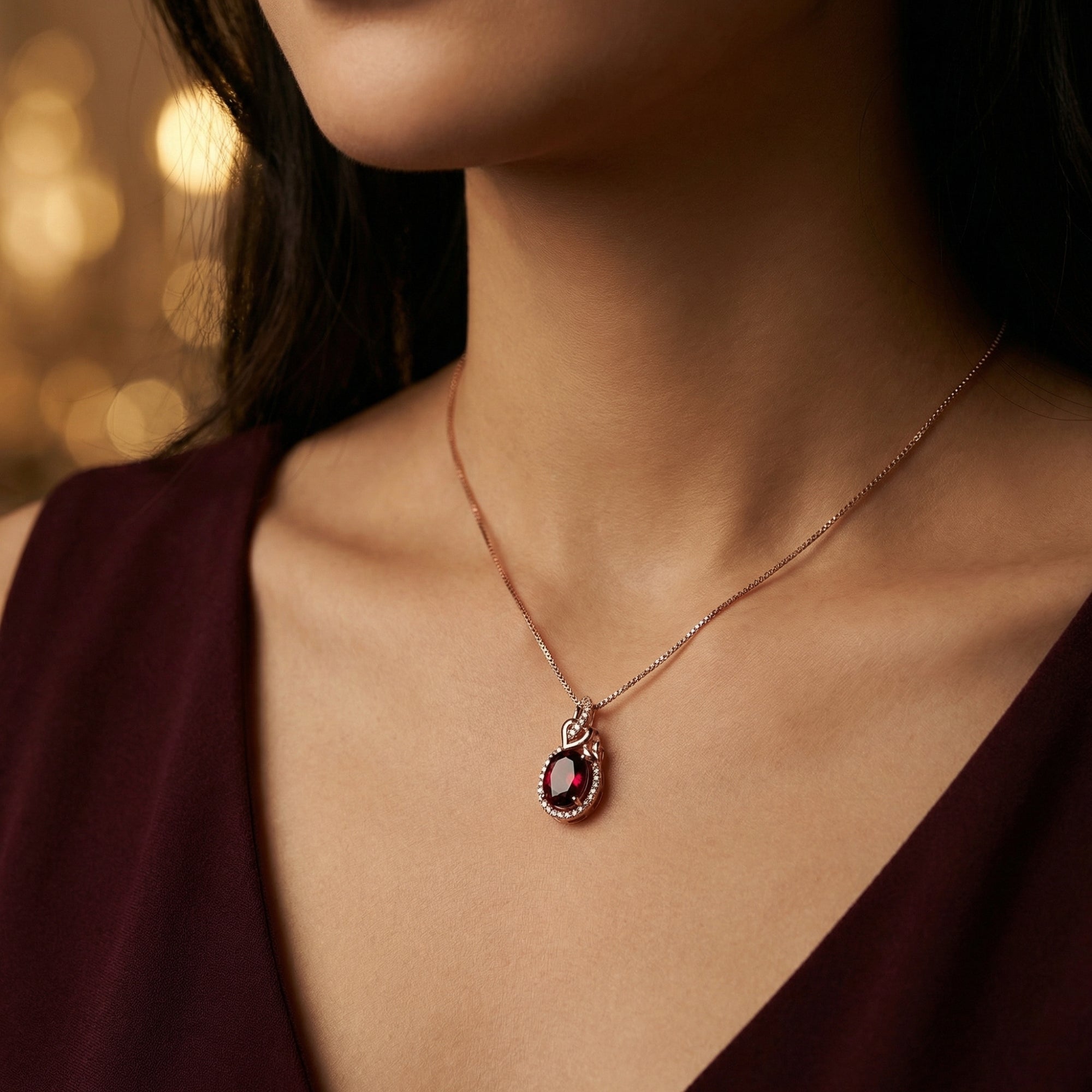 The Cerys Halo Necklace featuring an oval garnet in 18K rose gold, worn on a woman's neck.