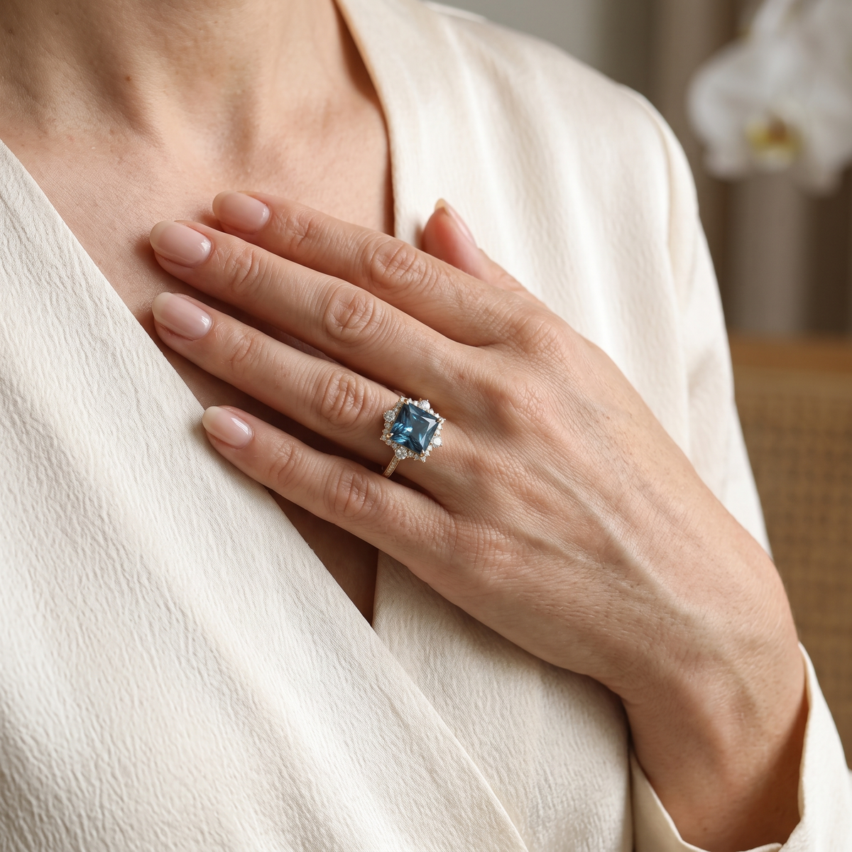 Model wearing the yellow gold princess-cut blue gemstone halo ring against a silk dress.
