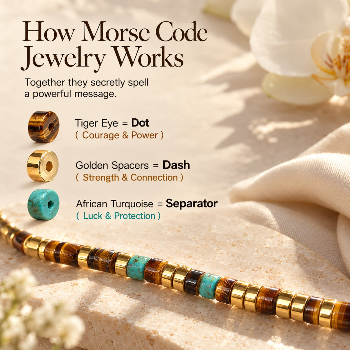 Morse-code decoding chart showing Tiger Eye dots, gold-tone spacers as dashes and African Turquoise separators