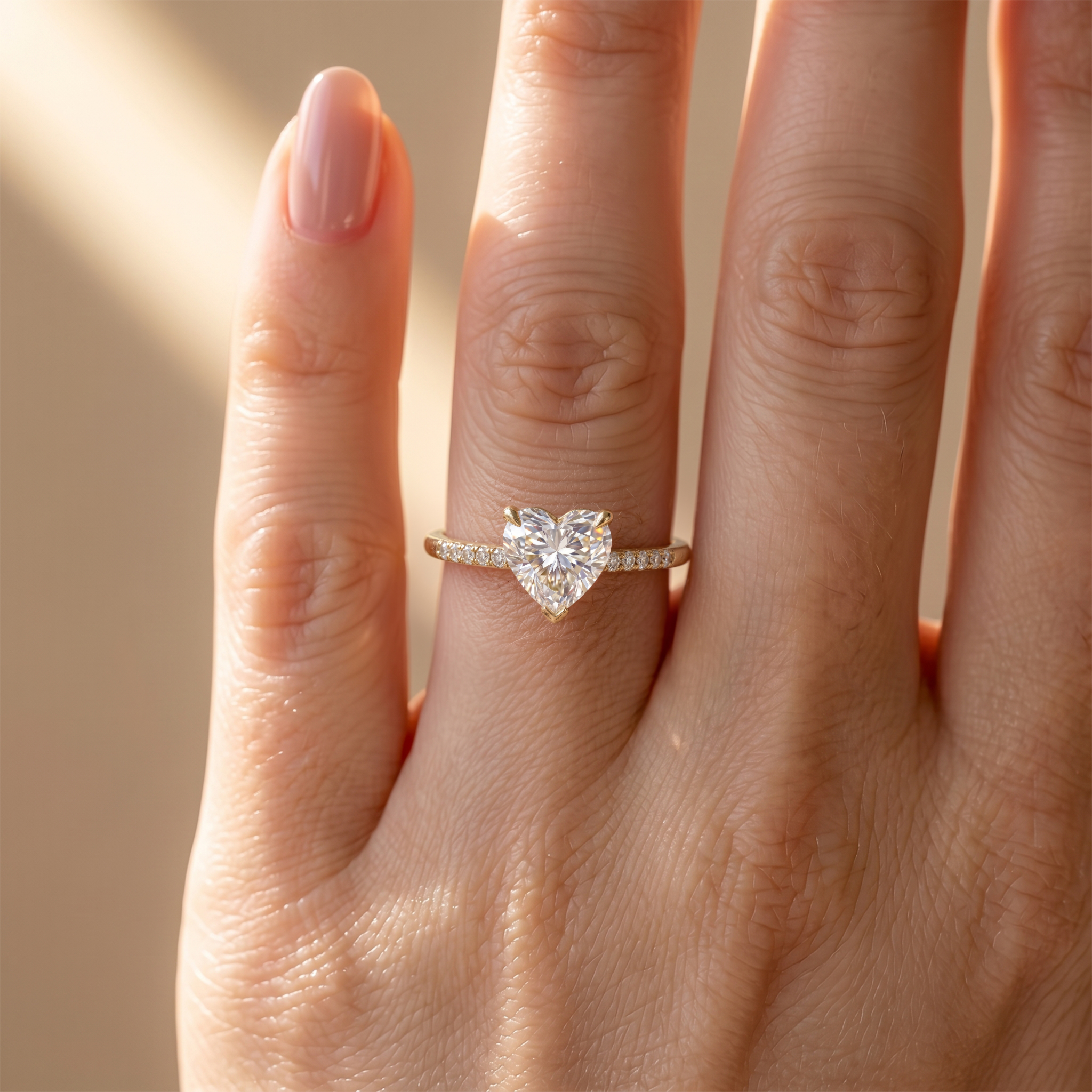 A close-up shot of a heart-shaped moissanite ring in yellow gold being worn on a woman's finger.