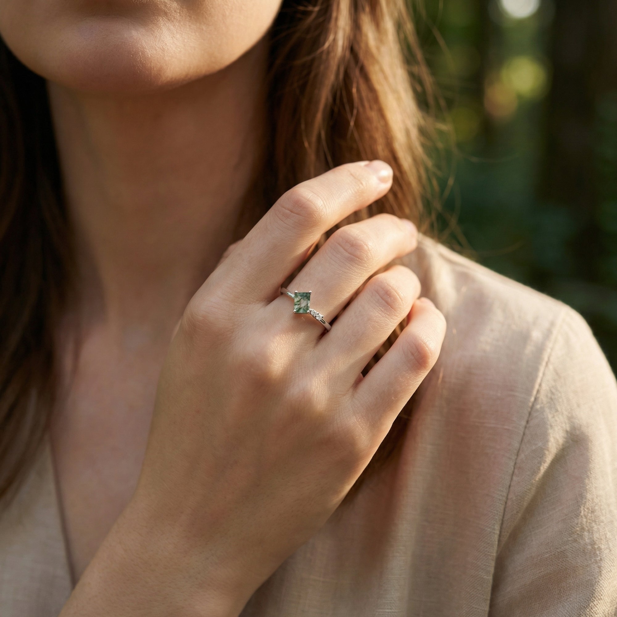 Trio Accent Natural Moss Agate Ring - S925 Sterling Silver
